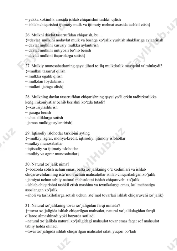otlar ~mulkiy munosabatlar ~iqtisodiy va ijtimoiy islohotlar ~mulkiy va agrar munosabatlar} 30. natural xo’jalik nima? {=bozorda sotish uchun emas, balki xo’jalikning o’z xodimlari va ishlab chiqaruvchilarining iste`moli uchun mahsulotlar ishlab chiqariladigan xo’jalik ~jamiyat uchun tabiiy natural mahsulotni ishlab chiqaruvchi xo’jalik ~ishlab chiqarishni tashkil etish mashina va texnikalarga emas, kul mehnatiga asoslangan xo’jalik ~aholi va tashkilotlarga sotish uchun iste`mol tovarlari ishlab chiqaruvchi xo’jalik} 31. natural xo‘jalikning tovar xo‘jaligidan farqi nimada? {=tovar xo‘jaligida ishlab chiqarilgan mahsulot, natural xo‘jalikdagidan farqli o’laroq almashinadi yoki bozorda sotiladi ~natural xo‘jalikda natural xo‘jaligidagi mahsulot tovar emas faqat sof mahsulot tabiiy holda olinadi ~tovar xo‘jaligida ishlab chiqarilgan mahsulot sifati yuqori bo’ladi ~tovar xo‘jaligida ma’lum bir ish vaqtida natural xo‘jaligidagiga nisbatan ko‘proq mahsulot ishlab chiqariladi} 32. tovar nima? {=bu biron-bir naflilikka va qiymatga ega bo’lgan, ayirboshlash uchun yaratilgan mehnat mahsuli ~naflilikka ega bo’lgan mehnat mahsuli ~bu biron-bir qiymatga ega bo’lgan, ayirboshlash uchun yaratilgan mehnat mahsuli ~bu biron-bir naflilikka va …