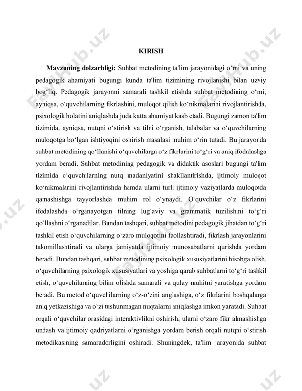 i va yoshiga qarab suhbatlarni to‘g‘ri tashkil etish, o‘quvchilarning bilim olishda samarali va qulay muhitni yaratishga yordam beradi. bu metod o‘quvchilarning o‘z-o‘zini anglashiga, o‘z fikrlarini boshqalarga aniq yetkazishiga va o‘zi tushunmagan nuqtalarni aniqlashga imkon yaratadi. suhbat orqali o‘quvchilar orasidagi interaktivlikni oshirish, ularni o‘zaro fikr almashishga undash va ijtimoiy qadriyatlarni o‘rganishga yordam berish orqali nutqni o‘stirish metodikasining samaradorligini oshiradi. shuningdek, ta'lim jarayonida suhbat metodini qo‘llash ta'limning interaktiv va kommunikativ elementlarini o‘z ichiga oladi. bu esa o‘quvchilarning fikrlashini rivojlantirish, muloqotda bo‘lishga bo‘lgan ishtiyoqini oshirish, va til o‘rganishda yangicha yondashuvni taqdim etadi. shu sababli, suhbat metodining o‘rni va dolzarbligi, ayniqsa, nutqni rivojlantirish va tilni o‘rganishda o‘quvchilarga yordam berishda naqadar muhim ekanligini ta'kidlash mumkin. bugungi kunda ta'lim tizimida suhbat metodining dolzarbligi nafaqat ta'limning sifatini oshirishda, balki o‘quvchilarning ijtimoiy ko‘nikmalarini rivojlantirishda ham ahamiyatli ekanligi muhim omilga aylanmoqda. suhbat metodining dolzarbligi ta'lim va tarbiya tizimining barcha sohalarida, xususan, nutqni rivojlantirish va kommunikatsiya ko‘nikmalarini oshirishda beqiyos ahamiyatga …