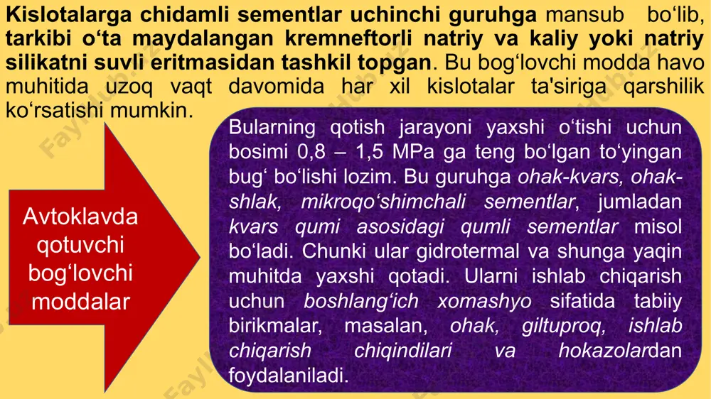 ‘shilmalar: trepel, opoka, tuf, pemza, shlak, kul va boshqalar kiritiladi. havoda qotuvchi ohakni kuydirilgan mahsulot xususiyatiga bog‘liq holda turlari so‘ndirilmagan (bo‘lakli va tuyilgan) so‘ndirilgan gidratli (kukun ohak va ohak hamiri) so‘ndirilmagan ohak ayrim hollarda qaynama ohak ham deb yuritiladi. u kalsiy oksidi cao, so‘ndirilgan ohak ca(oh)2 dan iborat. ohak hamiri ca(oh)2 bilan bir qator tarkibida birmuncha miqdorda mexanik aralashgan suv ham bo‘ladi. so‘ndirilmagan bo‘lakli ohak — kuydirilgan bo‘lakli ohakni ifoda etadi. u asosan tarkibida ohak bo‘laklari va yongan yonilg‘i kullari aralashmalaridan iborat bo‘ladi. so‘ndirilmagan tuyilgan ohak - bo‘lakli ohakni tuyish bilan olingan kukunsimon mahsulot. gidratli ohak - yuqori dispersli kukunsimon mahsulot bo’lib uni bo‘lakli yoki maydalangan ohakni so‘ndirib, quritish yo‘li bilan olinadi. ohak xamiri - tuyilgan yoki bo‘lakli ohakni so‘ndirilgan hamirsimon mahsuloti. tarkibi mg(oh)2, ca(oh)2 – 50-55% dan ortiq mexanik bog‘langan suv 50-45% dan iborat. so‘ndirish paytida ajralib chiqayotgan ohak haroratga qarab quyi termik (harorati 700s past) va yuqori termik …