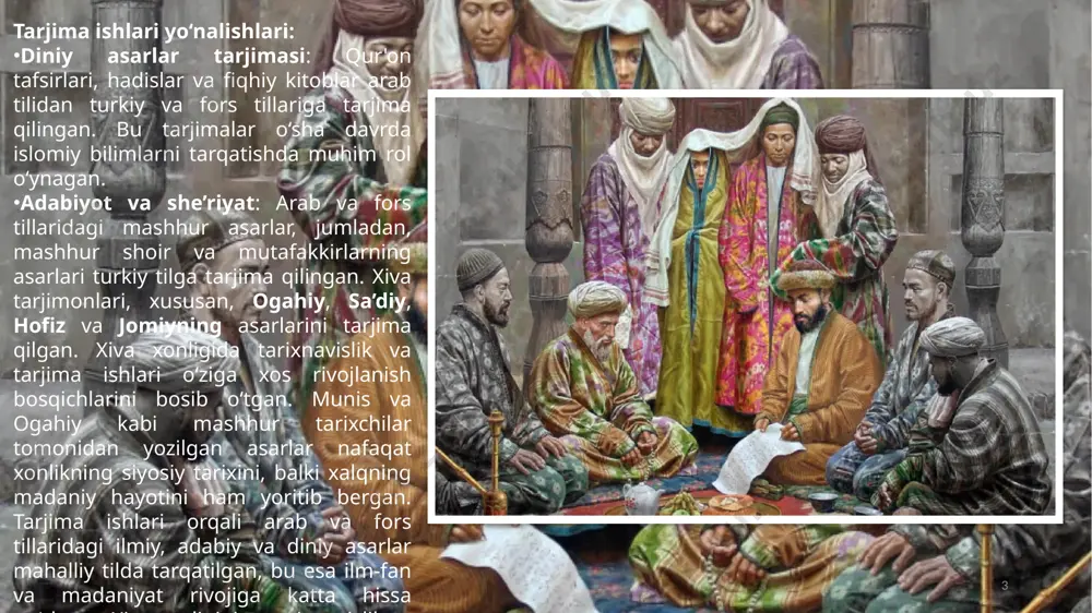 ida ko‘plab xattotlar faoliyat yuritgan. ular faqat matnlarni chiroyli yozish bilan shug‘ullanmagan, balki matnlarning qismlari va o‘rnatilgan qoidalarni ham nazorat qilishgan. xattotlar o‘z san’atlarini yozma hujjatlar va kitoblarda namoyish qilishgan. bezash va yoritish: xattotlar nafaqat yozuv bilan shug‘ullangan, balki kitoblarni yoritish (illumination) san’ati bilan ham shug‘ullanishgan. qo‘lyozma kitoblar maxsus naqshlar, gulchambarlar va oltin ishlovlar bilan bezatilgan. 4 xiva xonligida she’riyat alohida o‘rin tutgan. shoirlar o‘z asarlarida sevgi, dunyoviy mavzular va falsafiy o‘ylarni yoritib, xalqning hissiyotlarini ifoda etgan. ko‘plab shoirlar o‘z ijodida klassik uslublardan foydalangan va ulkan she’riy asarlar yaratgan. munis xorazmiy (muhammad sharif): munis xorazmiy xiva xonligida yetakchi shoirlardan biri bo‘lib, uning ijodi sevgi, axloq va insoniylikka bag‘ishlangan. munis she’riy asarlari bilan mashhur bo‘lgan, ayniqsa turkiy til va forsiy she’riyat an’analarini muvaffaqiyatli birlashtirgan. ogahiy (muhammad rizo): ogahiy ham munisning shogirdi va hamkasbi sifatida tanilgan. uning she’riy asarlari turli mavzularni qamrab olgan: sevgi, do‘stlik, vatanparvarlik va din haqida. u nafaqat shoir, …