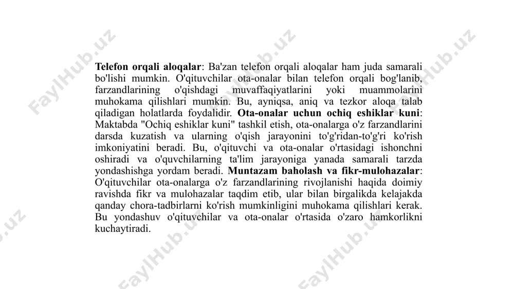 r yoki qonuniy talablar haqida maslahat beradi. ota-onalar uchun rivojlanish va qo'llab-quvvatlash dasturlari: ota-onalarga farzandlarini o'qish jarayonida qanday qo'llab-quvvatlash va rivojlantirish haqida maslahat berish uchun maxsus dasturlar tashkil etish mumkin. bu dasturlar, masalan, o'qish va yozuvni rivojlantirish, hissiy intellektni oshirish yoki ijtimoiy ko'nikmalarni mustahkamlashga qaratilgan bo'lishi mumkin. bunday dasturlar ota-onalarga o'z farzandlarining rivojlanishini kuzatib borish va ularni yanada samarali ta'lim olishlariga yordam berish imkonini yaratadi. 4. oila va maktab o'rtasidagi hamkorlikni rivojlantirish orqali o'quvchilarning ta'limdagi muvaffaqiyatini oshirish. oila va maktab o'rtasidagi hamkorlikni rivojlantirish, o'quvchilarning ta'limdagi muvaffaqiyatini oshirishda muhim omil hisoblanadi. ota-onalar va o'qituvchilar o'rtasidagi samarali hamkorlik, o'quvchilarga nafaqat ta'lim, balki ruhiy, ijtimoiy va emotsional jihatdan ham yordam beradi. oila va maktab o'rtasidagi integratsiya o'quvchilarning o'ziga bo'lgan ishonchini oshiradi, o'qishga bo'lgan motivatsiyasini kuchaytiradi va ta'lim jarayonining samaradorligini oshiradi. maktabda o'qituvchilar va ota-onalar o'rtasidagi aloqalar muntazam bo'lishi kerak. bu aloqalar telefon, elektron pochta, maktabning onlayn tizimlari yoki shaxsiy uchrashuvlar orqali amalga oshirilishi …