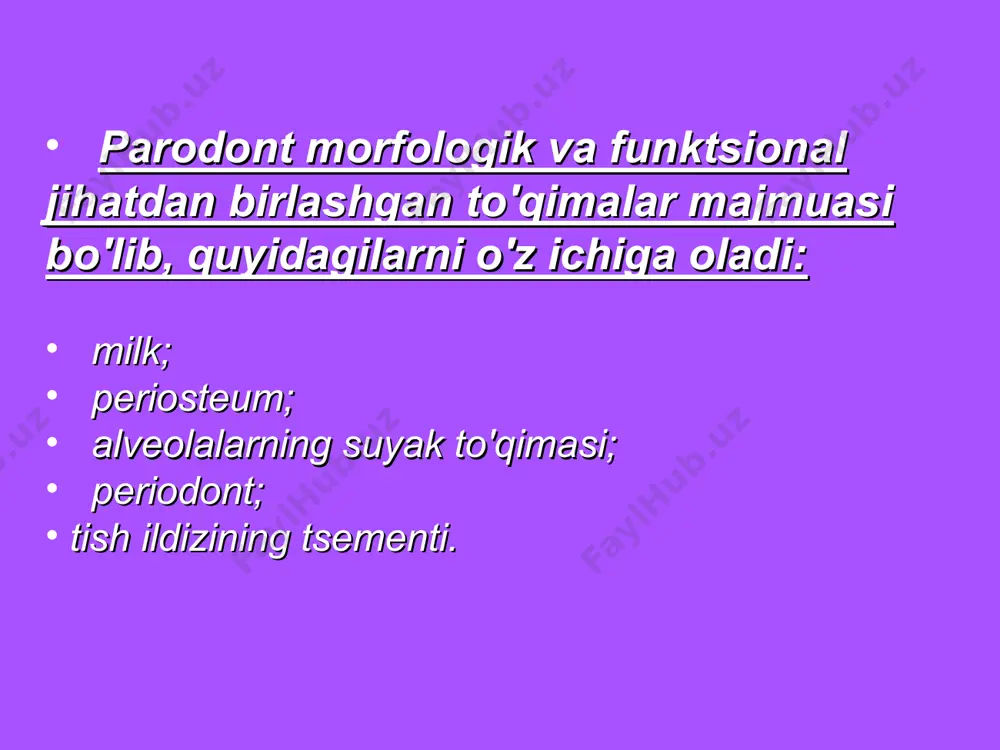 periosteumning tomirlari va nervlari bilan bog'laydi. tish alveolalari devorlari va alveolyar jarayonning kortikal plitalari orasidagi barcha bo'shliqlar gubkasimon modda bilan to'ldiriladi. * pastki jag'ning ko'ndalang kesimida tish va alveolyar jarayonlarning aloqasi ( noyes va schour bo’yicha) : 1 — tish alveolasining devori; 2 — kortikal plastinka; 3 — pastki jag'ning shimgichli suyagi * osteon (n.p. omelyanenkoga ko'ra). 1 – osteon kanali; 2 — osteotsitlar; 3 — suyak plastinkalari; * 3. periodont shulardan iborat: hujayra elementlari; tolali tuzilmalar; asosiy modda; tomirlar va nervlar. hujayra elementlari: fibroblastlar; allergen hujayralari (labrotsitlar); plazmatsitlar; gistiotsitlar; tsementoblastlar; osteoblastlar epiteliy orolchalari (qoldiqlari) malasse epiteliy orolchalari. * tolali tuzilmalar: 1. kollagen tolalar (dumaloq (tishning dumaloq ligamenti), transseptal, qiya, dentogingival, erkin tolalar milklar, vertikal); 2. elastik tolalar ( asosan qo’ziq va birinchi tishlarni preservikal sohasida); oksitalan tolalar (kislotalarga chidamli; funksional yuk ortib ketgan periodontal tishlarda ko'p miqdorda topiladi; periodontning qon tomirlari bilan bog'lanib, ular oksitalan-tomir tuzilmalarini hosil qiladi - …