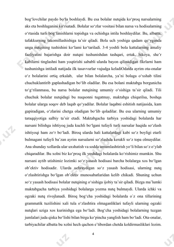 gi bolalarda har narsani bilishga ishtiyoq juda kuchli bo‘lgani tufayli turli narsalar haqida so‘zlash ishtiyoqi ham zo‘r bo‘ladi. biroq ularda hali kattalardagi kabi so‘z boyligi etarli bulmagani tufayli ba’zan ayrim narsalarni so‘zlashda kerakli so‘z topa olmaydilar. ana shunday xollarda ular uxshatish va sodda umumlashtirish yo‘li bilan so‘z o‘ylab chiqaradilar. bu xolni biz ko‘proq ilk yoshdagi bolalarda ko‘rishimiz mumkin. shu narsani aytib utishimiz lozimki so‘z yasash hodisasi barcha bolalarga xos bo‘lgan ob’ektiv hodisadir. ularda uchraydigan so‘z yasash hodisasi, ularning nutq o‘zlashtirishga bo‘lgan ob’ektiv munosabatlaridan kelib chikadi. shuning uchun so‘z yasash hodisasi bolalar nutqining o‘sishiga ijobiy ta’sir qiladi. bizga ma’lumki maktabgacha tarbiya yoshidagi bolalarga yozma nutq bulmaydi. ularda ichki va ogzaki nutq rivojlanadi. biroq bog‘cha yoshidagi bolalarda o`z ona tillarining grammatik tuzilishini xali tula o‘zlashtira olmaganliklari tufayli ularning ogzaki nutqlari uziga xos kurinishga ega bo‘ladi. bog‘cha yoshidagi bolalarning tuzgan jumlalari juda qiska bo‘lishi bilan birga ko‘pincha yanglish ham bo‘ladi. ota-onalar, tarbiyachilar albatta …