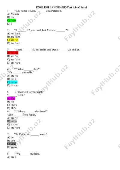 english language test a1-a2 level — DOCX