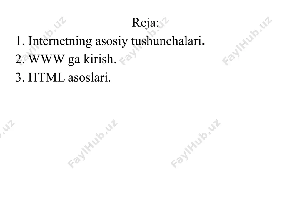 dan 255 gacha bo'lgan qiymatlarni qabul qiladi. qismlar bir-biridan nuqta bilan ajratiladi. www ga kirish internetning eng ma'lum va keng tarqalgan qismi bu www (world wide web) deb nomlanuvchi to'rdir. bu to'r web saytlar va alohida web sahifalardan tashkil topgan. web sahifalar esa html tili yordamida yaratiladi. html tilidan foydalanish uchun dasturchi mutaxassis bo'lish shart emas, chunki bu til juda oddiy va har kim undan foydalanishi mumkin. html da ishlash uchun oddiy kompyuter foydalanuvchisi bo'lish va internetda ishlash bo'yicha ozgina malakasi bo'lsa yetarli. html (hyper text markup language) deb nomlandi. html tilida yozilgan web sahifa faylida axborotning qanday tasvirlanishi haqidagi yo'l yo'riqlar ketma – ket joylashgan bo'ladi. bu fayl oddiy matnli fayl bo'lib uni maxsus brauzer datsturlarsiz o'qish qiyin. grafik rasmlarni esa umumman ko'rib bo'lmaydi chunki uning o'rnida brauzer dasturga biror rasm kerakligini ko'rsatuvchi teg turadi. agar biz o'z web sahifamizni yaratmoqchi bo'lsak, albatta html tilini yaxshi bilishimiz kerak bo'ladi. …