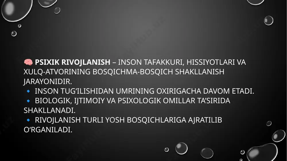 (30–65 yosh) 8️⃣ butunlik / umidsizlik (65+ yosh) psixik rivojlanish bosqichlari 🔹 go‘daklik (0–1 yosh) 🔹 erta bolalik (1–3 yosh) 🔹 maktabgacha yosh (3–6 yosh) 🔹 maktab yoshi (6–10 yosh) 🔹 o‘smirlik (10–18 yosh) 🔹 voyaga yetish (18 yoshdan keyin) psixik rivojlanishga to‘siqlar ⚠️ tug‘ma yoki irsiy kasalliklar. ⚠️ oilaviy va ijtimoiy muammolar. ⚠️ stress va travmalar. rivojlanishni rag‘batlantirish usullari ✅ mos ta’lim sharoitlari yaratish. ✅ motivatsiya va ruhiy qo‘llab-quvvatlash. ✅ muvaffaqiyat va ijtimoiy moslashuvni rivojlantirish. bolalik davrida psixik rivojlanish 👶 bolalik – inson psixik rivojlanishining eng muhim bosqichi. 🔹 sensor-motor rivojlanish: dastlabki yillarda bolalar atrof-muhitni sezgilar orqali anglaydi. 🔹 nutq va muloqot: 2–3 yoshdan boshlab bola faol gapira boshlaydi, ijtimoiy o‘zaro ta’sir ortadi. 🔹 ijodiy tafakkur: bolalar ramziy o‘yinlar va tasavvur orqali dunyoni tushunadi. o‘smirlik davrida psixik rivojlanish 👦 o‘smirlik – identifikatsiya va mustaqil tafakkur shakllanadigan bosqich. 🔹 shaxsiylikni anglash: o‘smir “men kimman?” degan savolni o‘ziga bera boshlaydi. 🔹 …