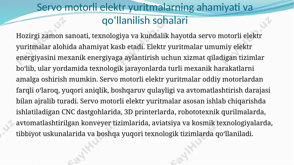 nsipi tashqi boshqaruv signali servo drayverga uzatiladi, drayver motorni harakatlantiradi, enkoder esa motorning holatini o‘lchab boshqaruv tizimiga yuboradi. boshqaruv tizimi esa har doim motorning haqiqiy holatini kerakli holat bilan solishtirib boradi. servo dvigatelning ish printsipi nisbatan sodda, ammo uning ishi yanada samaralidir. servo pallasida vosita bloki o'rnatilgan va odatda vites bilan jihozlangan moslashuvchan mil ishlatiladi. elektr uzatish motorni boshqaradi, shuningdek, eksa harakati miqdorini aniqlaydi. servo dvigatelning ichki sozlanishi juda oddiy: kichik dc vosita, boshqaruv davri va potentsiometr. dc vosita boshqaruv g'ildiragiga vites orqali ulangan. dvigatel aylanayotganda potentsiometrning qarshiligi o'zgaradi va boshqaruv pallasi harakat va yo'nalishni aniq sozlashi mumkin. mil to'g'ri ideal holatda bo'lganda, vosita quvvat berishni to'xtatadi. agar mil belgilangan maqsadda to'xtamasa, vosita to'g'ri yo'nalishga kirguncha ishlaydi. nishon pozitsiyasi elektr pulsi yordamida signal chizig'i orqali uzatiladi. shuning uchun, vosita tezligi haqiqiy va ideal holatga mutanosibdir. dvigatel kerakli joyga yaqinlashganda, vosita asta-sekin aylana boshlaydi, lekin vosita eng uzoqqa burilsa, tezlik juda …