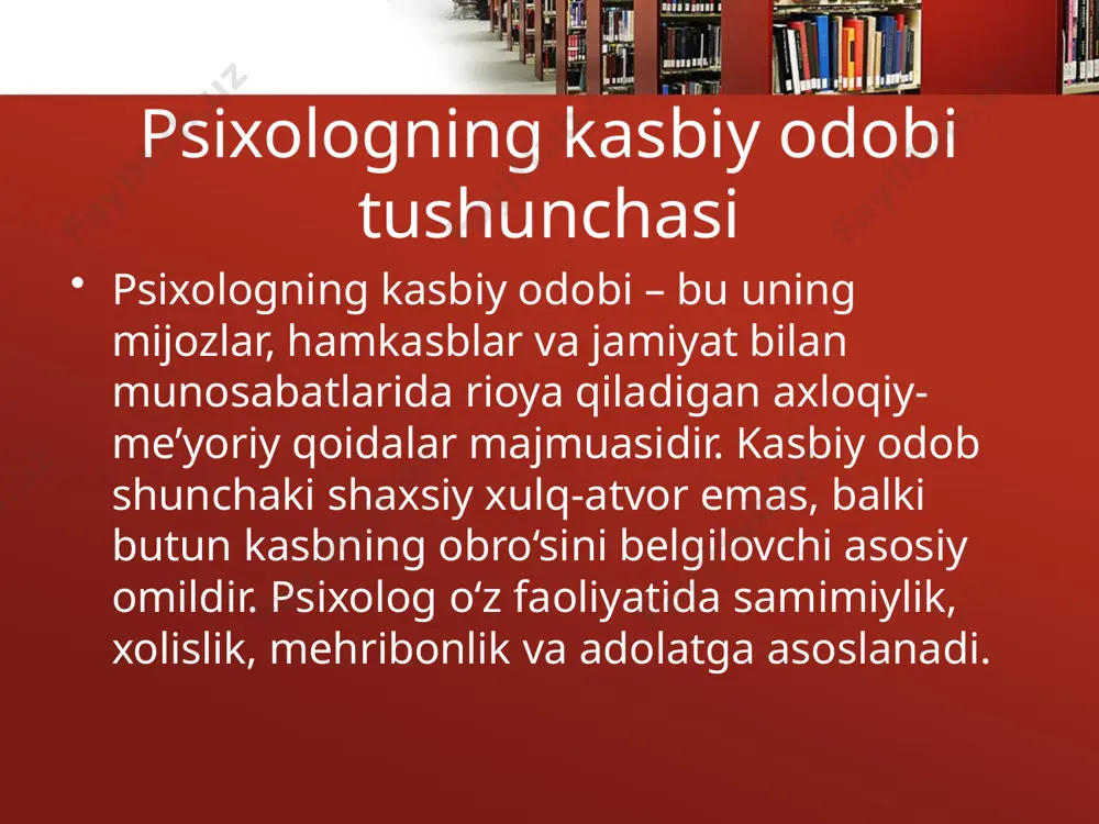 ni yagona professional standartlarga amal qilishga chorlaydi. shunday qilib, shaxsiy fazilatlar va kasbiy etika birlashib, psixolog faoliyatining samaradorligi va obro‘sini ta’minlaydi. e’tiboringiz uchun rahmat image2.jpeg image3.png image4.png image1.jpeg /docprops/thumbnail.jpeg