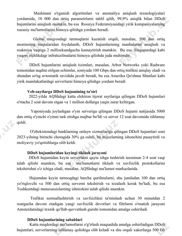 sh orqali, masalan, 500 dan ortiq monitoring nuqtalaridan foydalanib, ddos hujumlarining manbalarini aniqlash va reaktsiya vaqtiga 2 millisekundgacha kamaytirish mumkin. bu esa, singapurdagi kabi yuqori zichlikdagi infratuzilmalarni himoya qilishda juda muhimdir. ddos hujumlarini aniqlash tizimlari, masalan, arbor networks yoki radware tomonidan taqdim etilgan echimlar, soniyada 100 gbps dan ortiq trafikni aniqlay oladi va shundan so'ng avtomatik ravishda javob beradi, bu esa amerika qo'shma shtatlari kabi yirik mamlakatlardagi serverlarni himoya qilishga yordam beradi veb-saytlarga ddos hujumining ta'siri 2022-yilda aqshdagi katta elektron tijorat saytlariga qilingan ddos hujumlari o'rtacha 2 soat davom etgan va 1 million dollarga yaqin zarar keltirgan. yaponiyada joylashgan o'yin serveriga qilingan ddos hujumi natijasida 5000 dan ortiq o'yinchi o'yinni tark etishga majbur bo'ldi va server 12 soat davomida ishlamay qoldi. o'zbekistondagi banklarning onlayn xizmatlariga qilingan ddos hujumlari soni 2023-yilning birinchi choragida 30% ga oshdi, bu mijozlarning ishonchini pasaytirdi va moliyaviy yo'qotishlarga olib keldi. ddos hujumlaridan keyingi tiklash jarayoni ddos …