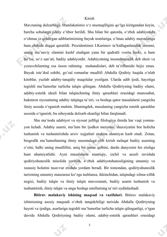 ar sotsiologizm, subyektivizm va boshqa qator masalalarni yangicha ilmiy asosda о‘rganish muhim. shuningdek, masalaning yangicha estetik qarashlar asosida о‘rganish, bu nihoyatda dolzarb ekanligi bilan farqlanadi. bitiruv malakaviy ishning amaliy ahamiyati. tadqiqotning nazariy ahamiyatiga shundan iboratki, abdulla qodiriyning hozirgi о‘zbek romanchiligining shakllanishida xizmatlarini ilmiy jihatdan asoslab beradi va о‘zbek adabiy tanqidchiligida abdulla qodiriyning о‘rganilish tarixi bilan shug‘ullanuvchilar uchun nazariy asos bо‘lib xizmat qiladi. bitiruv malakaviy ishining amaliy ahamiyati shundagi, undan о‘zbek tanqidchilik tarixi, о‘zbek tanqidchilari, asarning tahlili bо‘yicha darslik va qо‘llanmalar yozishda, maktab, litsey va kolejlarda yuqoridagi fanlardan ma’ruzalar о‘qishda foydalanish mumkin. bitiruv malakaviy ishining ilmiy yangiligi. tadqiqotda о‘zbek tanqidchiligida abdulla qodiriy ijodining о‘ziga xos xususiyatlari, va asarlarining taraqqiyot tamoyillari tadqiq qilinib ilmiy-nazariy jihatdan umulashtirildi. bitiruv malakaviy ishida adib ijodining quyidagi jihatlari yoritildi: · о‘tgan asrning 20-30- yillaridagi о‘zbek tanqidchiligining sharoiti va unda abdulla qodiriyning faoliyati ochildi; · abdulla qodiriyning hozirgi о‘zbek adabiy tilining shakllanishi va takomillashuvidagi xizmatlari aniqlandi; · abdulla …