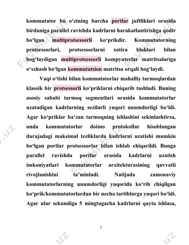 imkoniyatlari kommutatorlar arxitekturasining quvvatli rivojlanishini taʼminladi. natijada zamonaviy kommutatorlarning unumdorligi yuqorida koʻrib chiqilgan koʻprik/kommutatorlardan bir necha tartiblarga yuqori boʻldi. agar ular sekundiga 5 mingtagacha kadrlarni qayta ishlasa, unda zamonaviy kommutatorlar sekundiga bir necha millionlargacha kadrlarni uzatishi mumkin. ethernet segmentlarini kommutatsiyalash texnologiyasi ishchi stansiyalar segmentlari bilan yuqori unumdor serverlar aloqalarining oʻtkazish xususiyatlarini oshirishga boʻlgan talablarning oʻsishiga javoban 1990-yilda ishlab chiqildi. bunday turdagi kommutatorda boʻsh boʻlganda, kadrni qabul qilish momentida chiqish portining holatida kadrning birinchi konsentrator ishlab chiqaruvchilar bu funksiyani oʻzlarining xususiy yechimlari orqali qoʻllab-quvvatlashgan. masalan, ethernet konsentratorlari sirtmoqsiz iyerarxik aloqalarni hosil qilishi mumkin, shuning uchun ham zaxiradagi sohalar har doim tarmoqning ish mantigʻini buzmasligi uchun uzilgan portlarni bogʻlashi kerak. odatda, konsentratorlami konfiguratsiyalashda maʼmurlar qaysi port asosiy va qaysilari zaxira ekanligini aniqlashi kerak. agar biror sababga koʻra port uzilsa (avtosegmentlash mexanizmi ishga tushadi), konsentrator uning zaxiradagi portini aktiv holatga oʻtkazadi. ruxsatsiz kirishdan himoyalash. ajratiluvchi muhit ruxsatsiz tarmoqni eshitish va kuzatilayotgan maʼlumotga ega …