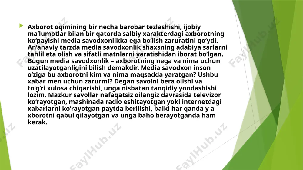 emakdir. media savodxon inson o‘ziga bu axborotni kim va nima maqsadda yaratgan? ushbu xabar men uchun zarurmi? degan savolni bera olishi va to‘g‘ri xulosa chiqarishi, unga nisbatan tanqidiy yondashishi lozim. e’tiboringiz uchun rahmat image1.jpeg image2.jpeg /docprops/thumbnail.jpeg