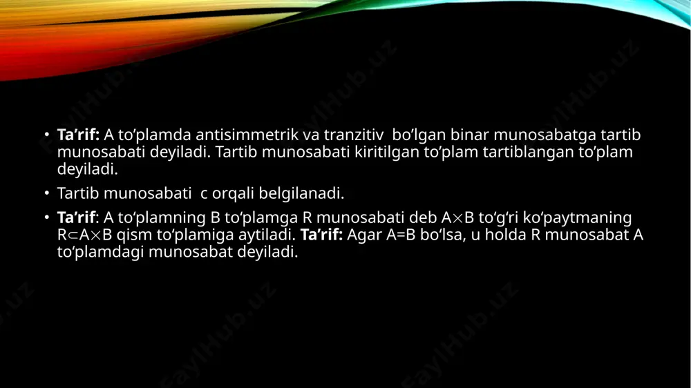 tartib munosabat turlari. qisman tartiblangan to’plamlar - Page 5