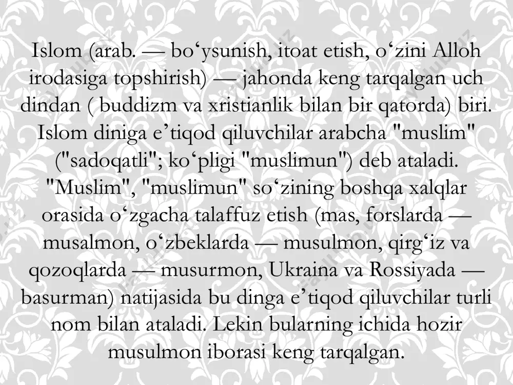 da ham tarqalmoqda edi. bu to’g’risida qur’onda ham ma’lumotlar berilgan ( baqara surasi) vii asrda hijoz (gʻarbiy arabiston) da paydo boʻldi. uning asoschisi muhammad (s a v)dir. islom dinining paydo boʻlishi xususida islom manbalariga asoslangan diniy anʼanada u ilohiy hodisa, insonlarni toʻgʻri yoʻlga solish uchun alloh tomonidan yuborilgan oxirgi taʼlimot deb uqtiriladi. islom talqinida dastlab yahudiy va xristianlar ham aynan musulmonlar eʼtiqod qilgan xudoga ishonganlar. shu xudo, yaʼni alloh odamlarga paygʻambar-elchilar yuborgan ammo insonlar paygʻambarlar taʼlimotini buzganlar. shuning uchun alloh insonlarga oxirgi rasul etib muhammad (s a v)ni tanladi, unga oʻzining kalomi — qurʼon nozil qildi. muhammad (sav) oldin oʻz ham shaharlarini, soʻng barcha arablarni koʻplab qabila xudolariga sigʻinishdan voz kechish va yagona xudo — allohga eʼtiqod qilish, solih hayot kechirish, u dunyoda jannatga tushish uchun bu dunyoda ezgu ishlar qilishga daʼvat etdi. qurʼonga koʻra, arablar va yahudiylarning umumiy bobokaloni ibrohim. (a s) allohga birinchi boʻlib imon keltirgan. islom dini …