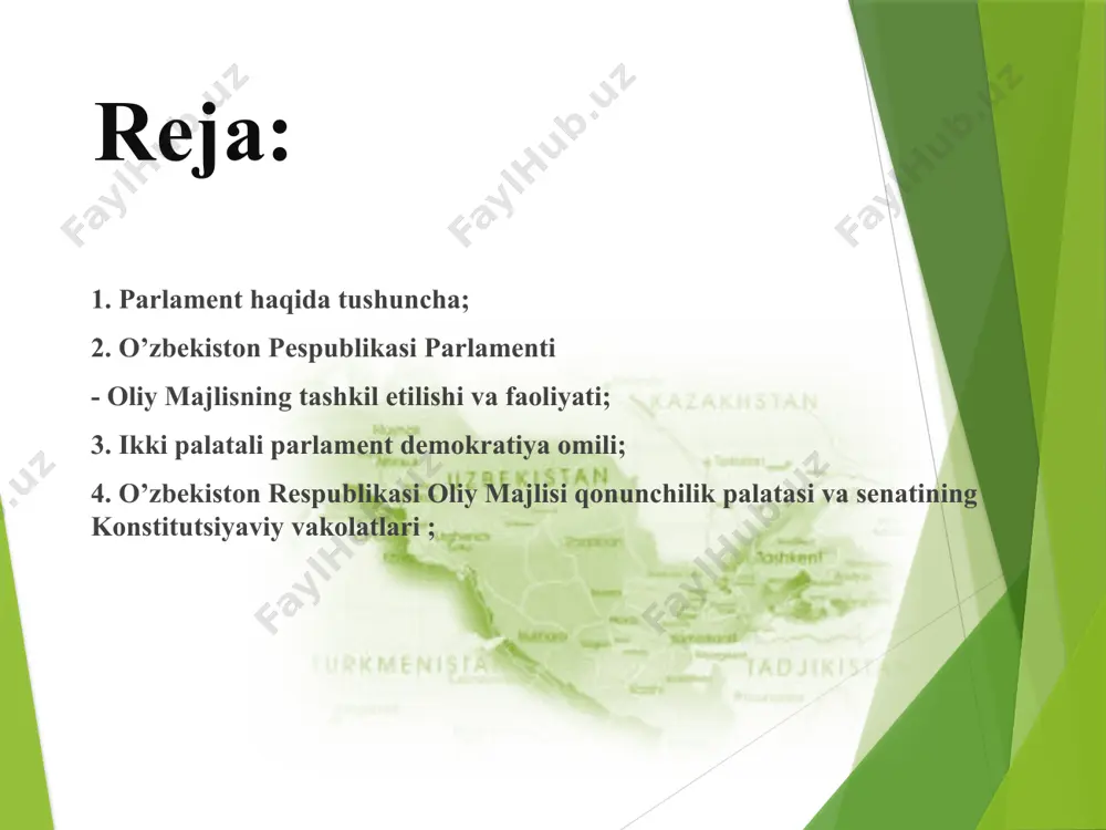 zilayotgan isloxotlar natijasi o’laroq 2006 yilda prezident vakolatlarining bir qismi senatga o’tkazildi va „o’zbekiston respublikasi konstitutsiyasiga o’zgartishlar va qo’shimchalar kiritish to’g’risida"gi qonunga muvofiq konstitutsiyaning 80- moddasida o’z aksini topdi. o’zbekiston respublikasining konstitutsiyasi va “o’zbekiston respublikasining oliy majlisi to’g’risida ” gi qonunga muvofiq oliy majlisning mutlaq vakolatlari jumlasiga: o’zbekiston respublikasining konstitutsiyasini qabul qilish, unga o’zgartirish va qo’shimchalar kiritish; o’zbekiston respublikasining qonunlarini qabul qilish, unga o’zgartirish va qo’shimchalar kiritish; o’zbekiston respublikasi ichki va tashqi siyosatining asosiy yo’nalishlarini belgilash va davlat strategik dasturlarini qabul qilish; ma’muriy – hududiy tuzilish masalalarini qonun yo’li bilan tartibga solish, o’zbekiston respublikasining chegaralarini o’zgartirish; oliy majlisning tuzilishi oliy majlis sessiyasi oliy majlis raisi, oliy majlis raisining o’rinbosari, oliy majlis kengashi deputatlar bloki va partiya fraksiyalari oliy majlis kotibi oliy majlis qo’mitalari va komissiyalari inson huquqlari bo’yicha oliy majlis vakili oliy majlis qonun loyihalari tayyorlash oliy majlis qonun loyihalari tayyorlash ishlarini olib borish, oliy majlisga taqdim etiladigan masalalarni dastlabki …