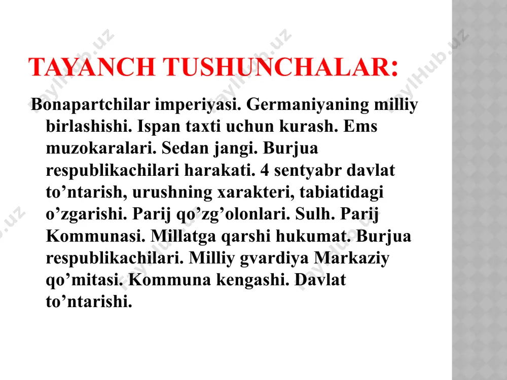 ha bu holatdan chiqish uchun yagona yo`l prussiya ustidan muvofaqqiyatli urush ed. u germaniyani birlashtirmaslik orqali fransiyani yevro`padagi liderligini saqlab qolishni hohlardi. lion mishel gambett fransiya imperatori napoleon iii urushni keltirib chiqargan bahona bahona ham topildi. shu orada ispaniya taxti bo’shab qoldi. ispaniya qirolichasi izabella 1870-yil 2-iyulda quvg’in qilingan edi. taxtga nemis shahzodasi leopold gogensollern taklif qilindi. fransiya esa janubiy hududlarda prussiya mavqeini oshib ketishini xohlamadi, shuning uchun u qattiq norozilik bildirdi «ems depeshasi» pruss qiroli vilgelm i ems shaharchasida davolanayotgan bo’lib fransiyaning elchisi benedettini korol huzuriga kirishga erishdi va ispaniya taxtiga leopold nomzodini taklif qilmaslikni iltimos qildi. darhaqiqat, 12-iyulda leopold ispaniya taxtidan voz kechganligini e‘lon qildi. 13-iyul kuni benedetti o’z hukumatining korol vilgelm i agar ispaniya taxti uchun leshgold o’z nomzodini qo’ygan bo’lsa aslo rozi bo’lmaydi, deb bayonot bersin degan talabini olib yana vilgelm i ning huzuriga bordi. ammo korol uni qabul qilmadi va qolgan gapni berlinda gaplashamiz, deb …