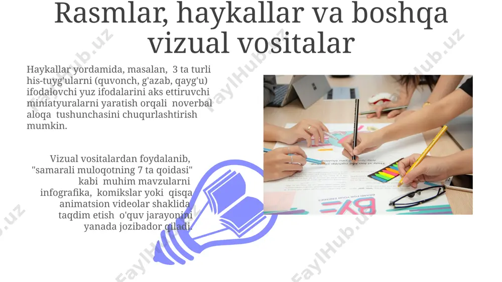aki nutq, yozma nutq, tinglash)ni bir vaqtning o'zida o'rgatish mumkin. dramaturgiya elementlaridan foydalanib, rollarni ijro etish orqali 5 dan ortiq muloqot vaziyatlarini modellashtirish, o'quvchilarning empatiya va o'zaro tushunish ko'nikmalarini 20% ga oshirishga yordam beradi. o'quvchilarning fikrlash va ifodalanishini rivojlantirish 7-sinf o'quvchilarining mantiqiy fikrlashini rivojlantirish uchun 3 ta turli xil badiiy pedagogik usul (masalan, rol o'ynash, hikoya tuzish, she'r yozish) qo'llash, ularning muloqot ko'nikmalarini 20-25% ga oshirishga yordam beradi. drama uslubidagi mashg'ulotlar orqali o'quvchilarning og'zaki nutqini rivojlantirish, kamida 10 ta turli xil nutq texnikasini (ta'kidlash, pauza, intonatsiya o'zgarishi) o'rgatish va ularning o'z fikrlarini aniq va ishonchli ifodalash qobiliyatini yaxshilash mumkin. 7-sinf o'quvchilarining xususiyatlari va badiiy pedagogika 7-sinf o'quvchilari emotsional jihatdan faol bo'lib, taxminan 12-14 yosh oralig'ida ijodkorlik va o'ziga xos ifoda vositalariga, jumladan, badiiy pedagogika usullariga yuqori qiziqish bildirishadi. ushbu yoshdagi o'quvchilarning qisqa muddatli xotirasi va e'tiborini jalb qilish uchun badiiy pedagogika, masalan, teatrlashtirilgan sahnalar, 5-7 daqiqalik o'yinlar orqali samarali foydalanish …