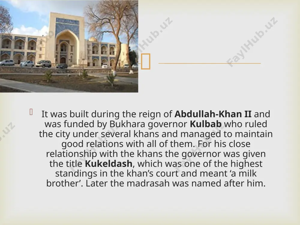 yle, restrained nobility and the synthesis of architectural forms. having booked tours to uzbekistan and planned your trip to bukharawith the assistance of peopletravel company, you will see with your own eyes the beauty of the monument.  madrasah kukeldash close to su bazaar in the historic part of tashkent. built in 1570 it was part of an ensemble of the city's main square. the initiator was built hokim dervish khan - vizier of tashkent khans dynasty sheibanids nicknamed "kukeldash", which translates as "milk brother". thus, the dervish khan was the foster-brother of the khan. in the xviii century. in madrasas arranged caravansary carriageways for merchants, but then came down with his crowning the tower - guldasta. kukeldash madrasah,tashkent kukeldash madrasah, centre of muslum education   in the xix century the madrasas served as a fortress of kokand khans. until 1865 madrasah kukeldash served as a place of public …