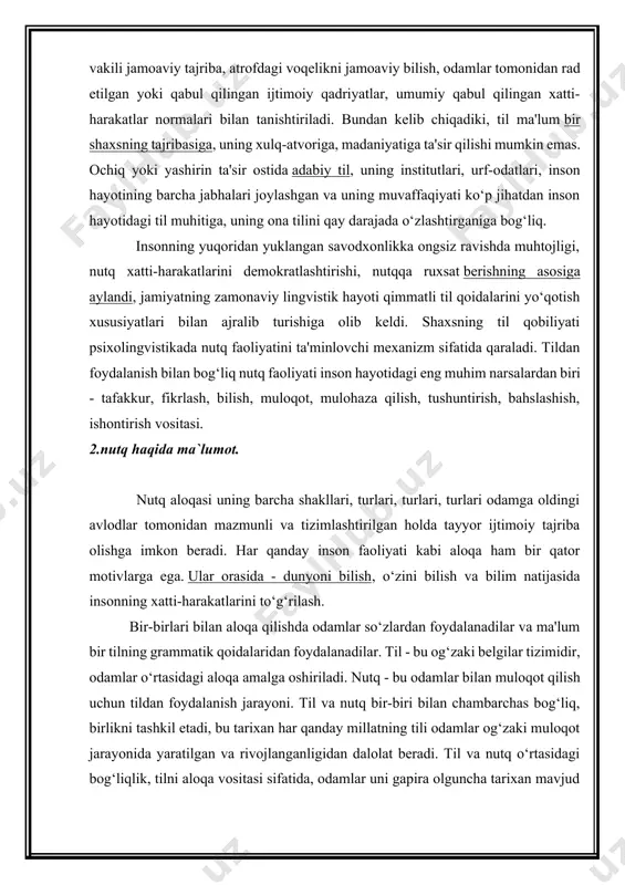 va ma'lum bir tilning grammatik qoidalaridan foydalanadilar. til - bu og‘zaki belgilar tizimidir, odamlar o‘rtasidagi aloqa amalga oshiriladi. nutq - bu odamlar bilan muloqot qilish uchun tildan foydalanish jarayoni. til va nutq bir-biri bilan chambarchas bog‘liq, birlikni tashkil etadi, bu tarixan har qanday millatning tili odamlar og‘zaki muloqot jarayonida yaratilgan va rivojlanganligidan dalolat beradi. til va nutq o‘rtasidagi bog‘liqlik, tilni aloqa vositasi sifatida, odamlar uni gapira olguncha tarixan mavjud bo‘lganligida ham namoyon bo‘ladi. odamlar nutq aloqasida ma'lum bir tilni ishlatishni to‘xtatishi bilan, u o‘lik tilga aylanadi. 3. til va tafakkur, til va ma’naviyat til ham, fikr ham hayotning ongimizdagi ko‘rinishi va nutq yordamida boshqalarga ma’lum qilinuvchi voqelikdir. tilni xalq yaratadi, shuning uchun, u umumxalq bahosi va xususiyatiga ega bo‘ladi, nutq esa ayrim shaxsga oid bo‘ladi. har kim o‘z qobiliyati, so‘z boyligi, savodi hamda nutq a’zolariga qarab gap tuzadi. til - aloqa quroli,u vosita. nutq esa shu aloqa jarayonini amalga oshirishga …