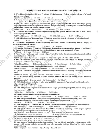 o’zbekistonning eng yangi tarixi fanidan testlar to’plami — DOCX