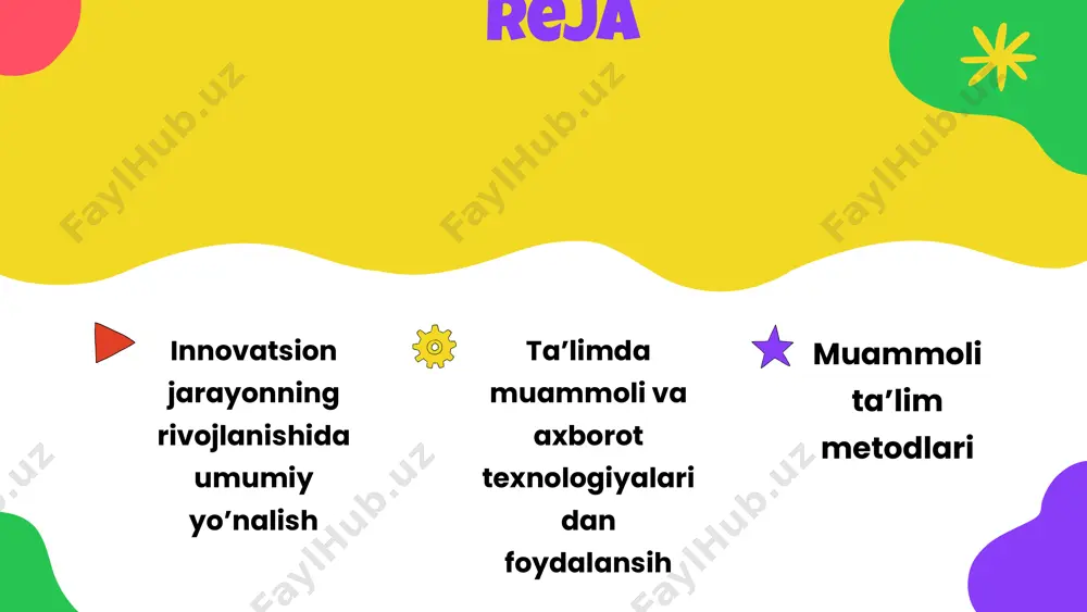 a asosiy turini alohida ifodalagan: bilimlarni muammoli bayon qilish bayoning ayrim bosqichlarida o’quvchilarni izlanishga jalb etish ta’limning tadqiqiy metodi bunday bayon qilishda o‘qituvchi o‘quvchilarga u yoki bu qoidalrni faqat gapirib bermaydi, balki og‘zaki fikr yuritib, muammoni ham aytadi va uni hal qilish jarayonini ko‘rsatadi. bunda o‘qituvchi muammoni qo‘yadi, о‘quv materialini tushuntiradi, lekin ana shu jarayonda o‘quvchilarga ulardan izlanish jarayoniga qo‘shilishni va u yoki bu bilish vazifasini mustaqil holda hal etishni talab qiladigan savollarni beradi. o‘quvchilar bilish muammosini anglab, o‘zlari izlanish rejasini belgilaydilar, taxmin (gipoteza)ni tuzadilar, uni tekshirish yo’iini muhokama qiladilar, tajribalarni va dalillarni taqqoslaydilar, umumlashtiradilar. muammoli vaziyat o‘quvchining ma’lum psixik holatidir. bunday holat biror topshiriqni bajarish (masala yechish, savolga javob topish) jarayonida ziddiyatni anglash tufayli vujudga keladi. ana shu ziddiyatni anglash o‘quvchilarda predmet to‘g'risidagi, ishni bajarishning usuli yoki shartlari haqidagi yangi bilimlarni izlash ehtiyojini uyg‘otadi. m.i.maxmutov muammoli vaziyatlarning tiplarini quyidagicha bayon qilgan birinchi tip muammoli vaziyatlar ko‘pincha o‘quvchilar ilgari o‘zlashtirgan …