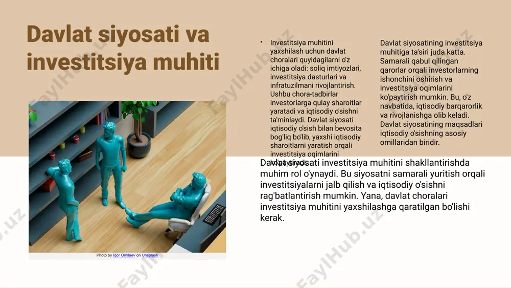 a o'ziga xosliklar davlat siyosati iqtisodiy o'sishni rag'batlantirishda muhim rol o'ynaydi. u investitsiya muhitini yaratish va iqtisodiy barqarorlikni ta'minlashga qaratilgan strategiyalarni o'z ichiga oladi. investitsiya siyosati mamlakatning iqtisodiy rivojlanishini qo'llab-quvvatlash maqsadida maxsus qoidalar va mexanizmlarni belgilaydi. bu jarayon, investorlar uchun qulay sharoitlar yaratish va iqtisodiy islohotlarni amalga oshirishga qaratilgan. barqarorlik va investitsiyalar davlat siyosatining barqarorligi investorlar uchun muhimdir. barqaror siyosat iqtisodiy muhitni ishonchli qiladi va investitsion oqimlarni oshiradi. shuningdek, davlat siyosati orqali iqtisodiy o'sishni ta'minlash uchun zarur muhitni yaratish va investitsiyalarni jalb qilish uchun strategik yo'nalishlar belgilanishi zarur. investitsiya muhitini rivojlantirish investitsiya muhitini rivojlantirish strategiyalari, investorlar uchun qulay sharoitlar yaratishga qaratilgan. bu strategiyalar iqtisodiy o'sishni rag'batlantirish va mamlakatimizga xorijiy investitsiyalarni jalb etish uchun zarurdir. davlat va xususiy sektor o'rtasidagi hamkorlik, investitsiya muhitini mustahkamlashda muhim rol o'ynaydi. ushbu hamkorlik orqali innovatsion yechimlar ishlab chiqiladi va resurslar samarali taqsimlanadi. innovatsion yondashuvlar va texnologiyalarni joriy etish, investitsiya jarayonlarini soddalashtirish va raqobatbardoshlikni oshirishga yordam …