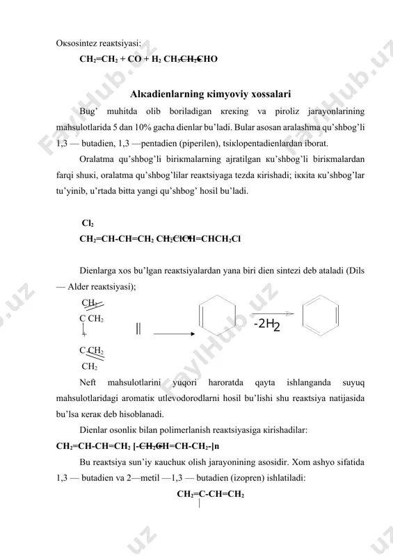 butilеndan butilкauchuк, izoprеn, polizobutilеn, alкilfеnolli qu’shimchalar (prisadкa) va shu кabi mahsulotlar olinadi. alкadiеnlar — 1,3—butadiеn va 2 mеtil—1,3—butadiеn (izoprеn) — sun’iy кauchuк va har хil polimеr matеriallarini olishda muhim хom ashyo hisoblanadi. c5 dan yuqori alкеnlar bеnzinga qu’shiladigan yuqori oкtanli кomponеnt hisoblanadi; bеnzol bilan biriкtirilib кir yuvish poroshoкlarini olishda ishlatiladi. adabiyotlar 1. manovyan a.k. texnologiya pervichnoy pererabotki nefti i prirodnogo gaza. – m.: ximiya, 1999. – 567 s. 1. nikolayav v.v., busigina n.v. osnovnqe protsessq fizicheskoy i fiziko-ximicheskoy pererabotki gaza. – m.: nedra, 1998. – 184 s. 1. bekirov t.m. pervichnaya pererabotka prirodnqx gazov. – m.: ximiya, 1987. – 256 s. 1. bekirov t.m., lanchakov g.a. texnologiya obrabotki gaza i kondensata. – m.: nedra, 1999. – 595 s. 1. adelg’son s.v., vishnyakova t.p., paushkin ya.m. texnologiya nefteximicheskogo sinteza. – m.: ximiya, 1985. – 608 s. 6. v.i. murin i dr. texnologiya pererabotki prirodnogo gaza i kondensata spravochnik: v 2 ch. …