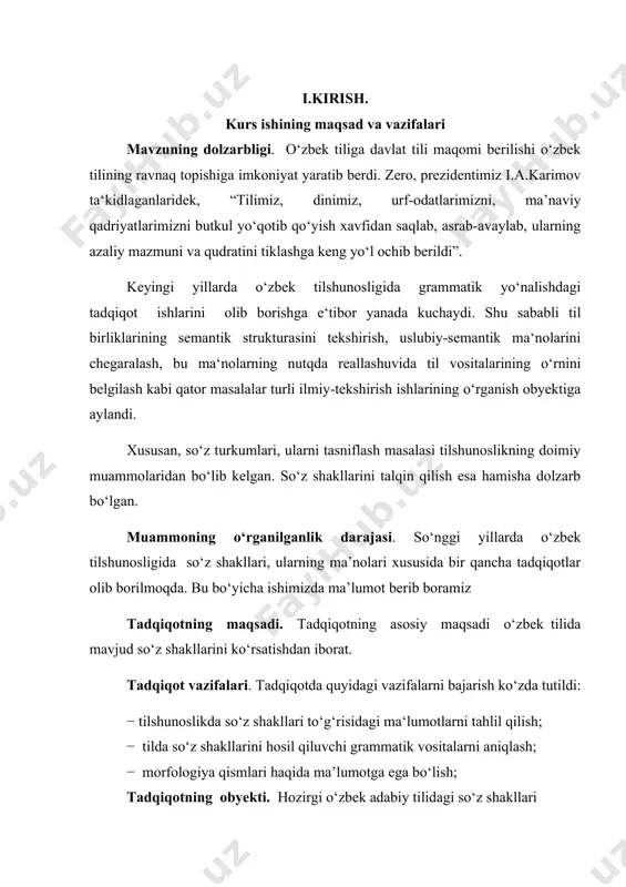 bosh kelishik shakli ekani esa maxsus koʻrsatkichga ega boʻlgan boshqa kelishik shakllariga (masalan, qaratqich — "kitobning", chiqish — "kitobdan" shakllariga) nisbatan belgilanadi, yaʼni kelishik shakli deb qaraladi. sodda qilib tushuntitadigan bo‘lsak, so‘z shakllari hodisasi tilshunoslikdagi o‘ziga xos hodisalardan biridir. unda ma'lum so‘zning o‘z lug‘aviy ma'nosini saqlagan holda turli shakllarda qo‘llanilishi tushuniladi. masalan, kitob, kitobi, kitobdan, kitobimiz. bu bitta so‘zning turli shakllarda ishlatilishidir. so‘z shakllarining o‘zgarishi dastlab shu so‘zning lug‘aviy ma'nosiga daxldor bo‘lib. uni qaysi turkumga mansubligini belgilaydi va shu turkumga xos qo‘shimchalar asosida o‘z shaklini o‘zgartiradi. masalan, daraxt, odam, gul so‘zlari ot turkumiga xos bo‘lib o‘z shaklini otga xos bo‘lgan kelishik, egalik, ko‘plik qo‘shimchalarini olgan holda o‘zgartiradi: daraxtim, daraxtlar, daraxtning. sifat turkumiga xos so‘zlar esa shu turkumga xos daraja hosil qiluvchi vositalarni qabul qilgan holda o‘z shaklini o‘zgartiradi. masalan, qizil, qizg‘ish, qizilroq. so‘z shakllarini o‘zgarishidagi bu holat belgilangan, turg‘un holat emas. so‘z shakllarini o‘zgarishi uchun asos bo‘ladigan qo‘shimchalar, so‘zlaming muayyan …