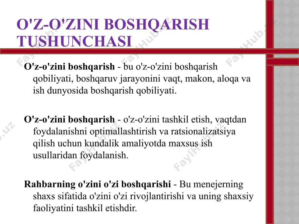 ejalar bajarilishini nazorat qilish, sarhisob qilish natijalar. shuningdek, agar vaqtni boshqarish bilan shug'ullanadigan shaxs yoki odamlar guruhi loyihalarni amalga oshirishni davom ettirishni rejalashtirsa, u holda xronometrajni saqlash va xronometrajni tahlil qilish natijalarini "loyiha kartalari" shaklida qayd etish tavsiya etiladi (har xil parametrlar bo'yicha yozib olish). tabiati, individual vazifalarga sarflangan vaqt ko'rsatkichlari) har qanday loyiha yoki dasturlar jarayonida ularni keyingi qo'llash uchun. samarali boshqaruv vaqtga bog'liq to'g'ri rejalashtirish uning davri operatsion tashkilot mehnat jarayoni omadli kommunikativ tadbirlar ish vaqtining tanqisligi - bu xodimning o'z faoliyatini noto'g'ri tashkil etishi yoki rahbariyat tomonidan savodsiz tashkil etilishi natijasida yuzaga keladigan vaqtinchalik resurslarning etishmasligi, bu esa shoshqaloqlikka, ish, topshiriqlarni bajarishda kechikishlar, sifatsiz ish, ishlab chiqarishdagi yo'qotishlar, nuqsonlar va boshqalarga olib keladi. . natijada butun korxonaning samaradorligi va natijalariga sezilarli darajada ta'sir qiladi. korxonada boshqaruvni takomillashtirish usullaridan biri korxona rahbari va funktsional bo'limlar boshliqlarining ish vaqtini tahlil qilishdir . vaqtni boshqarishda turli xil hayotiy vaziyatlarda vaqtni …
