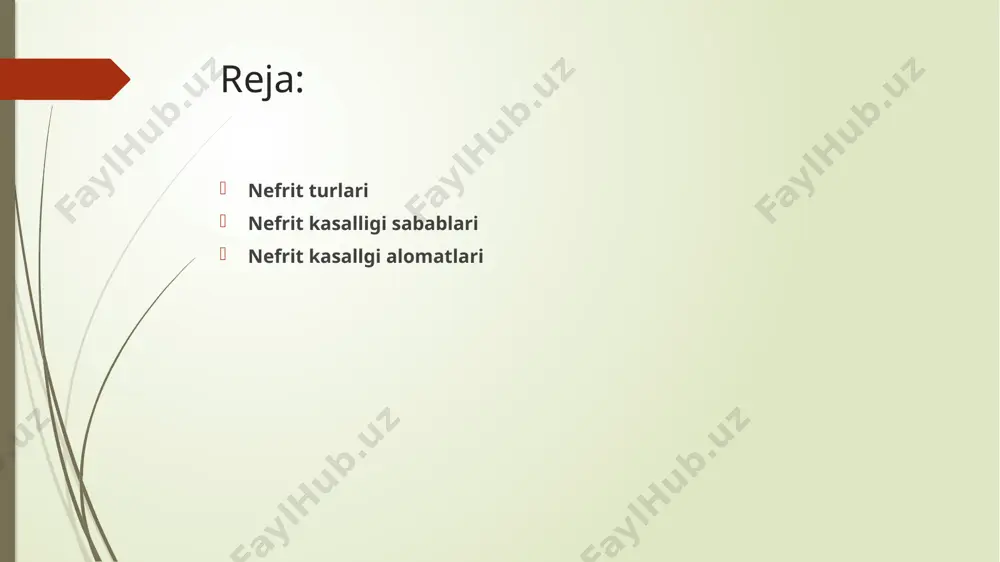 ikning bosqichiga yoki darajasiga, lokalizatsiya va boshqa ba’zi omillarga bog’liq. nefritning umumiy alomatlari: umumiy zaiflik; doimiy chanqoq; yuz va oyoq-qo’llarining shishishi; arterial gipertenziya; bel sohasidagi doimiy yoki o’tkir og’riq; siydikdagi qon aralashmasi; siydik buzilishi (poliuriya, oliguriya, nokturiya, gipostenuriya). nefrit kasalligi asoratlari nefritning oqibatlari o’ta og’ir bo’lib, buyrakda yiringli o’chog’ paydo bo’lib, sepsis rivojlanishiga (butun organizmni yuqtirish), organni yo’qotishiga va bemorning o’limiga olib kelishi mumkin. nefritning asoratlari va oqibatlari quyidagilar: nefroskleroz o’tkir buyrak yetishmovchiligi surunkali buyrak yetishmovchiligi sindromi ensefalopatiya (eklampsiya) va boshqalar. /docprops/thumbnail.jpeg