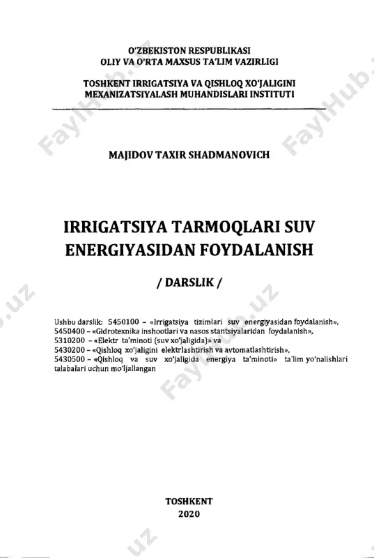 -jasvdan fo-vda\ams\\ w w tm da esa, dav tq (mavsvim^') \ a do\m\^ tswovcvvi g es\ai ham da irrigaxsiya tatm oq\aiidagi g es\at haqida ma’\umotvar ketorilgan. краткая аннотация учебника в учебнике даны понятия о возможности комплексного использования ирригационных систем как в целях ирригации, так и для энергетики. учебник посвящен историю развития гидроэнергетики узбекистана, его современное состояние и перспективы его дальнейшего развития, комплексному использованию водных ресурсов, а также методам использования водных потоков ирригационных систем в целях энергетики с регулированием и без регулированием стока воды. в учебнике даны: сведения и схемы гидроэлектростанций (гэс) на ирригационных системах водных потоков; непрерывно или постоянно действующихх гэс; гэс на бесплотинных головных сооружениях и головных участках магистрального канала; гэс на головных сооружениях с водоподъемными плотинами; гэс на перепадах или у поперечных перегораживающих сооружениях магистрального канала; самодействующие установки; сезонно действующие в вегетационный период гэс; гэс на распределительных ветках и на каналах распределительной сети; турбонасосные станции; самодействующие гэс на …