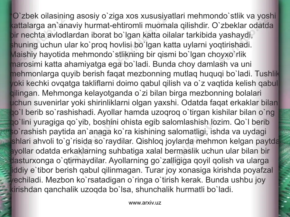 sozandalarni tinglab, bazm qilib o`tirgan paytda qo`shni xonada kampirlarning ishtirokida bolani yo`rgaklash va beshikka solish marosimi o`tkaziladi. marosim oxirida mehmonlar bolani ko`rish uchun oldiga kiradilar, unga sovg`alarni beradi va beshikning ustiga parvarda yoki qand sepadilar. www.arxiv.uz xatna qilish to`yi – islom tomonidan muqaddas deb e`zozlangan yana bir qadimiy o`zbek odatidir (sunnat to`yi). bu marosim o`g`il bolalar uchun 3, 5, 7, 9 yoshga kirganda, kamdan-kam hollarda 11-12 yoshda o`tkaziladi. sunnat to`yining o`tkazilishi jamoatchilik tomonidan nazorat qilinadi. o`g`il bolaning tug`ilgan paytidan boshlab uning ota-onasi asta-sekinlik bilan kerakli narsalarning hammasini sotib olib, sunnat to`yiga tayyorgarlikni boshlaydilar. ko`pincha oddiygina «to`y» ham ataladigan marosimning o`tkazilishidan bir necha oy avval unga bevosita tayyorgarlik boshlanadi. qarindoshlar va qo`shnilar ko`rpalarni tikishda, to`y sovg`alarini tayyorlashda yordam beradilar. bularning hammasi ko`p bolali onalarga topshiriladi. to`ydan avval mahallada yashovchi oqsoqollar, masjidning imomi va qarindoshlarning huzurida qur`on o`qiladi. www.arxiv.uz www.arxiv.uz dasturxon yoziladi. shundan keyin qur`ondan suralar o`qiladi va oqsoqollar o`g`il bolaga duo …