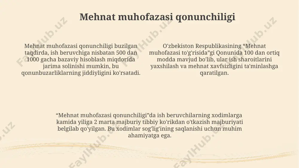 i ko'rsatdiki, qoidalarga rioya qilmaganlik tufayli 200 dan ortiq ishchi jarohat olgan. xavfsizlik texnikasi qoidalari ish joyidagi baxtsiz hodisalar sonini 30% ga kamaytirishi va ish unumdorligini 15% ga oshirishi mumkinligini ko'rsatadi. mehnat muhofazasini boshqarish mehnat muhofazasini boshqarishda xavfsizlik texnikasi bo'yicha 50 dan ortiq ko'rsatma mavjud bo'lib, ularning bajarilishi ishchilar sonining 30% gacha kamayishiga olib kelishi mumkin. ishlab chiqarish jarayonlarini avtomatlashtirish orqali mehnat muhofazasini boshqarish samaradorligi 25% ga oshiriladi, bu esa ish joyidagi baxtsiz hodisalar sonini sezilarli darajada kamaytiradi. mehnat muhofazasini boshqarish tizimini sertifikatlashtirish jarayoni o'rtacha 6 oy davom etadi va xarajatlar 1000 aqsh dollaridan oshadi, lekin bu investitsiyalar kelajakda katta daromad keltiradi. mehnat muhofazasi tushunchasi меҳнат муҳофазаси қонунчилигидаги 12 дан ортиқ модда иш жойидаги бахтсиз ҳодисаларни олдини олишга, шунингдек, жароҳатланган ходимларга ёрдам кўрсатишга бағишланган. ўзбекистондаги меҳнат муҳофазаси бўйича 5 тадан ортиқ давлат органлари иш берувчиларнинг қонунчиликка риоя этишини назорат қилади ва жарима санкцияларини қўллайди. меҳнат муҳофазасининг 30 дан ортиқ асосий …