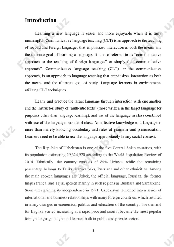 methodology and pedagogics of second language acquisition and the use of communicative language teaching (clt). the relevant ministries, as well as some foreign organisations such as the british council and us embassy, have been creating new language teaching materials, syllabi and workshops for el teachers of uzbekistan. notwithstanding these steps that the country has taken, there are a few issues that need addressing, which will be our guiding questions in this study: 1. how can the instructors’ understanding of clt and its use in the classroom improve? 2. why more teaching material and resources are essential for the implementation of clt? 3. how to implement student-centred approach when it conflicts with the expectation of the students of how classes are supposed to be conducted? the present study will first provide an overview of the educational structure of the country, specifically to the role of english at schools and universities. in …