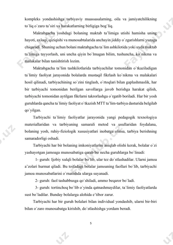 -budir). sezgi atrof-muhitni bilishning dastlabki bosqichi hisoblanadi. bolalarning bilimlarni egallab olishlari, ularning aqliy faolligini rivojlantirish ularning maktabda muvaffaqiyatli o`qishlari uchun bo`lajak mehnat faoliyatiga tayyorlanishda manba bo`lib xizmat qiladi. maktabgacha yoshdagi bolalarni aqliy tarbiyalashning asosiy vazifalari quyidagilardan iborat: 1. bolalarda tabiat va jamiyat to`g`risidagi bilimlar sistemasini, ilmiy dunyoqarashni shakllantirish. 2. bilimga doir ruhiy jarayonlarni rivojlantirish: sezgi, idrok, xotira, xayol, tafakkur, nutq. bilishga doir ruhiy jarayonlarni rivojlantirish aqliy tarbiyaning muhim vazifasidir. 3. bilishga qiziqish va aqliy qobiliyatlarni, aqliy mehnat madaniyatini rivojlantirish. aqliy tarbiyaning vazifasi bolalar qiziquvchanligini, ular aqlining sinchkovligini rivojlantirish va shular asosida bilishga qiziqish hosil qilishdan iborat. 4. aqliy malaka va ko`nikmalarni rivojlantirish, ya’ni eng oddiy faoliyat usullari predmetlarni tekshirish, ulardagi muhim va muhim bo`lmagan belgilarni ajratib ko`rsatish, boshqa predmetlar bilan taqqoslash maktabgacha ta`lim yoshidagi bolalarga aqliy tarbiya berish vazifalaridan biridir, bu ko`nikma va malakalar bilish faoliyatining tarkibiy qismlari bo`lib, bolaning bilimlarini chuqur egallab olishga yordam beradi. eng muhimi shundaki, bolalarga …
