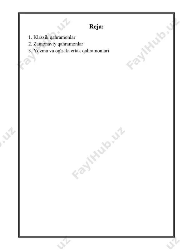 lar saltanati orasida oʻtkazilgan. aleksandr bu jangda katta gʻalabaga erishgan. - termopil jangi miloddan avvalgi 480-yilda boʻlib oʻtgan va unda fors armiyasi leonid boshlab borgan sparta qoʻshinlarini mag'lub etdi, bu jang garchi mag‘lub bilan tugasa-da, ismi va mahnati yunon tarixiga qahramonlik timsoli sifatida kirgan. 5. **sanʼat va madaniyat**: - yunon afsonalari oʻz ichiga mashhur qahramonlar herakl, akill, jasonni oladi. herakl ma'lum boʻlgan 12 ishtiyoqi asosida mashhur boʻlgan. - dramaturgiya bo‘yicha mashhur qahramonlardan biri yunon dramaturgi sofokl tomonidan yozilgan "shoh edip" asaridagi edip persona dir. ushbu tragik qahramon haqida asar taxminan miloddan avvalgi 429-yilda yozilgan. 6. **arxeologik topilmalar**: - oʻzbekiston hududidan topilgan avesto matni, 2700 yillik tarixga ega boʻlib, ushbu hududda yashagan qahramonlar va ularning e'tiqodlari haqida ma'lumot beradi. - ulugʻbek rasadxonasi samarqand shahrida 1428-yilda qurilgan va oʻz vaqtida astronomiya sohasidagi eng ilg‘or inshootlardan biri bo‘lib hisoblanadi. xing shulining hisob-kitoblari klassik qahramonlar qatori ilmiy qahramonlar deb ham oʻrganiladi. bu va boshqa …