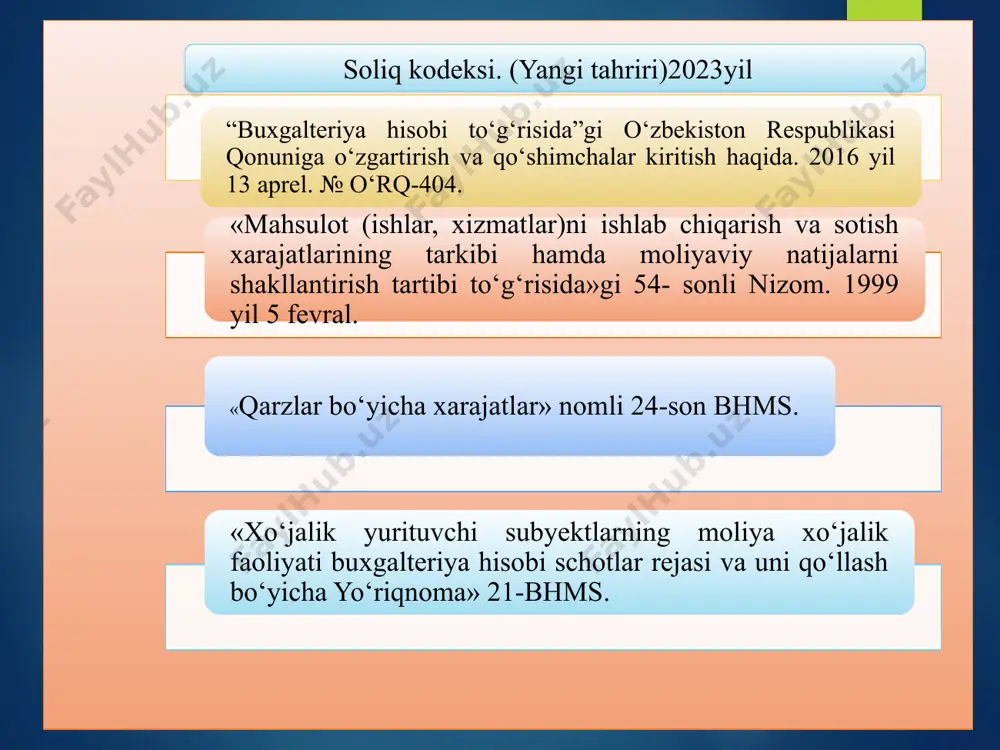 ar ishlab chiqarish hajmi o‘zgarishi bilan proporsional o‘zgaradigan xarajatlar maxsulot tannarxiga kiruvchi а) to‘g‘ri moddiy xarajatlar b) to‘g‘ri mehnat xarajatlar v) ba’zi umumishlab chiqarish xarajatlari (yoqilg‘i, elektr energiya va b. davr xarajatlari ga kiruvchi sotish xarajatlarining ba’zilari ma’muriy xarajatlarning ayrimlari doimiy xarajatlar ishlab chiqarish hajmi o‘zgarishidan qat’iy nazar o‘zgarmaydi maxsulot tannarxiga kiruvchi ba’zi umumishlab chiqarish xarajatlari davr xarajat lariga kiruvchi sotish xarajatlari ma’muriy boshqaruv xarajatlarining asosiy qismi yarim o‘zgaruvchan xarajatlar masalan, telefon xizmati xarajatlari: a) bir oylik aniq to‘lanishi lozim bo‘lgan summa - doimiy xarajat guruhiga kiritiladi. b) shaharlararo va halqaro so‘zlashuv xarajatlari bo‘lsa, o‘zgaruvchan xarajat guruxiga kiritiladi. bir vaqtning o‘zida ham o‘zgaruvchan, ham doimiy xarajat komponentiga ega bo‘lgan xarajatlar 4. xarajatlarni hisobga olish uslublari xarajatlarni hisobga olish uslublari direkt-kosting standart-kost absorption costing «standart costing» bu xarajatlar hisobi va tannarx aniqlash tizimi bo‘lib, unda ishlab chiqarilgan maxsulot tannarxi avvaldan hisoblab chiqilgan normativ xarajatlar yordamida baholanadi keyin esa haqiqiy xarajatlar bilan …