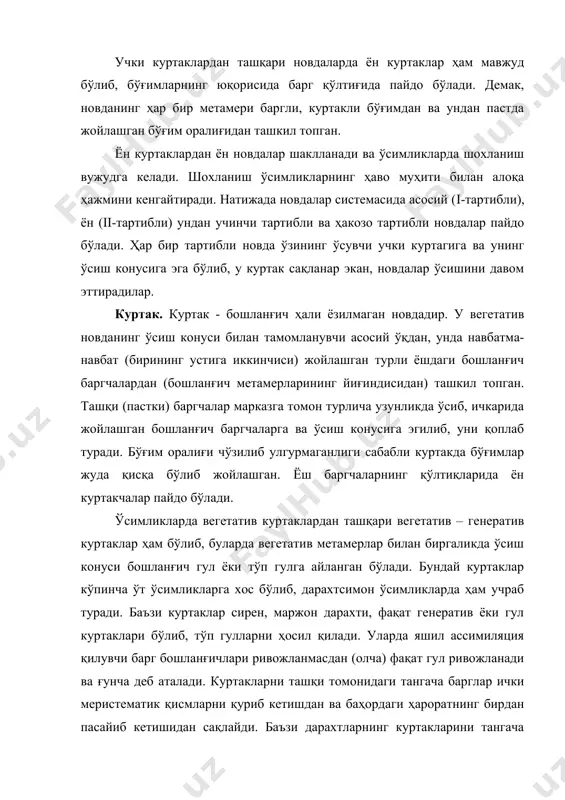 и. бундай куртакларни ёпиқ куртаклар деб аталади (эман, жука, маржон дарахтлари). баъзи ўртача иқлимга жойлардаги дарахтларнинг куртаклари ташқи томондан махсус шакли ўзгарган тангача барглар билан қопланмаган бўлиб очиқ куртаклар дейилади (қайин, қизил себарга ва бошқалар). баъзи ўсимликларда куртаклар пайдо бўлгандан кейин кўп йиллар давомида ҳаракатга келмайди шунинг учун уларни тинимдаги куртаклар дейилади. новдаларнинг учки меристемасининг тузилиши ва фаолияти. куртакнинг учки қисмида новданинг учки меристемаси жойлашиб – апекс дейилади. апекс актив ишловчи ўсиш маркази бўлиб, новданинг барча органларини ва бирламчи тўқималарни шаклланишини таъминлайди. апекснинг доимий янгиланиб туришини таъминловчи манба апикал меристеманинг инициал ҳужайралари бўлиб, апекснинг учки қисмида жойлашган. новданинг вегетатив апекси, илдиз апкесидан фарқ қилиб, доимо ташқи томонга бошланғич баргчалар бўритмаларини – барг примордияларини (лат. - бошланғич) ҳосил қилади. улар пастдан юқорига акропетал кетма-кетлик билан пайдо бўлади. поя апексининг ўсиш конуси деб номланган учки – дистал қисмида икки қават меристема ҳужайралари яхши кўринади. ташқи қатордаги ҳужайралар конусининг ташқарисига перпендикуляр (антиклинал) бўлиниб …