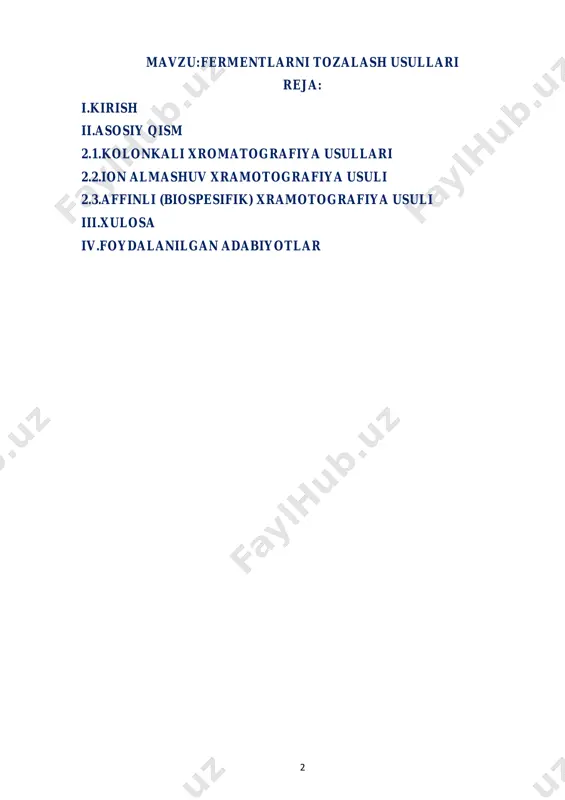 reparatlarini olishda ishlatiladi. adsorbsiya usuli, shu bilan birga kolonkali xromatografiya usullari fermentlarni yuqori darajada toza va ko’p mikdorda olish imkonini beradi. oqsillarning muhim adsorbenlari bo’lib har xil ionalmashuvchilar, ya’ni kalsiy fosfat, alyuminiy gidroksid gellari va ma’lum tipdagi fermentlar uchun maxsus bo’lgan har xil affin adsorbentlar hisoblanadi. fermentlarni tozalash va oqsillarni ajratish texnologiyasi qanday tipdagi usulligiga qaramay quyidagilarga asoslanadi. 4 2.1.kolonkali xromatografiya usullari ferment maxsulotini o’z tarkibiga olgan oqsillar aralashmasi ma’qul bo’lgan erituvchida (buferda) eritiladi va shu erituvchi bilan muvozanatlangan kolonkaga yuboriladi. keyin shu kolonkadan ma’lum tarkibga ega bo’lgan buferni yoki miqdori o’sib boruvchi gradientli yuvish eritmasi, yoki bo’lmasa ushbu ferment uchun maxsus bo’lgan bog’lovchi (ligand) yordamida oqsil bosqichma-bosqich yuvib olinadi. kolonkadan yuvib olingan ferment preparatlari fraksiyalar to’plamida yig’iladi va fermentning toza preparatini olish uchun boshlang’ich material bo’lib xizmat qiladi. xromatografiya - bu ikki faza (statsionar va harakatchan) o'rtasida tarkibiy qismlarni taqsimlashga asoslangan fizik-kimyoviy ajratish va kontsentratsiya usuli. bu xromatografik kolonna …