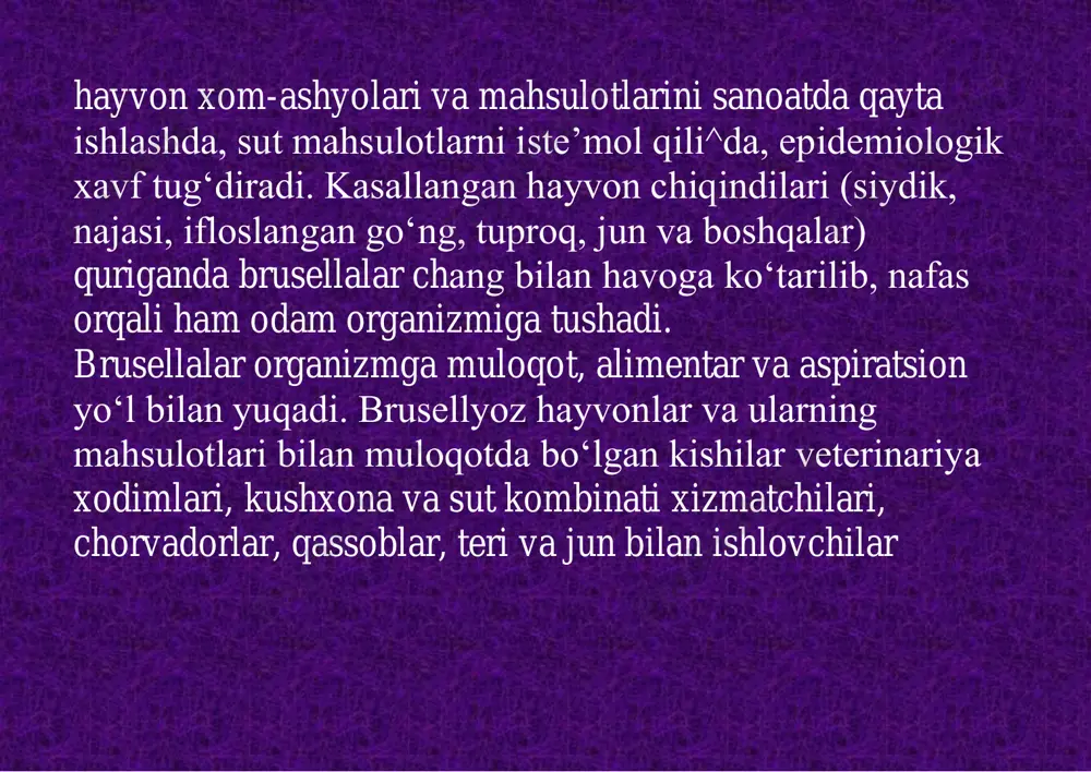 ‘lsa ham kuzatiladi. shuning uchun ham brusellyozda ham bemor o‘z terlarida o‘zlari «cho‘miladilar» deyishadi. brusellyozda darmonsizlik boshqa infeksion kasalliklarga nisbatan kamroq bilinadi. harorat baland bo‘lib, qattiq terlash bilan davom etganda ham bemorlarda sillasi qurib, ozib ketishlik ko‘rilmaydi. terida turli xil dermatitlar va pigmentatsiyalarni ko‘rish mumkin. bemor ko‘p terlagani sababli terisi nam, hatto ho‘l bo‘ladi. unda har xil toshmalarni uchratish mumkin: petexiya, rozeola, papula, vezikula, ba’zan gemorragik toshmalar kasallikning o‘tkir va ba’zan surunkali shakllarda uchraydi, ammo keyingi vaqtlarda toshmalar kamdan-kam uchraydigan bo‘lib qoldi. shilliq pardalarga kelganda, ular ba’zan odatdagidan ko‘ra rangsizroq bo‘lib qoladi. burundan, milklardan va boshqa yerlardan qon ketishi ham mumkin, fibrozit va sellyulitlar asosan biriktiruvchi to‘qimalarning yallig‘lanishi natijasida vujudga keladi. fibrozit va sellyulitlar paydo bo‘lishi, ularning kattalashishi yoki kichrayishi kasallik fazalarining o‘ziga ham bog‘liq. brusellalar muloqot orqali yuqqan taqdirda infeksiya kirgan joyga qarab regionar limfa tugunchalari: masalan, qo‘ltiq osti, chov, son tugunlari va h.klar zararlanadi. (bu asosan professional guruhda, …