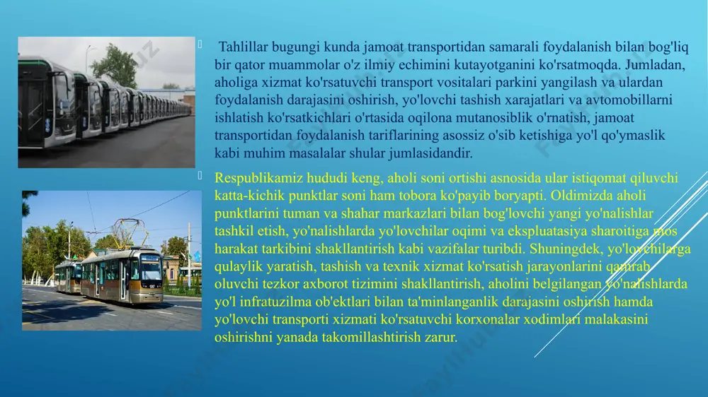 alablari va shartlariga so‘zsiz rioya etilgan holda faoliyatning litsenziyalanayotgan turini amalga oshirish uchun ruxsatnoma (huquq); - faoliyatning litsenziyalanayotgan turi – o‘zr hududida amalga oshirilishi uchun litsenziya olish talab qilinadigan faoliyat turi; litsenziyalar qonunning 3-bobi 10-moddasiga ko‘ra namunaviy (oddiy) va yaqqola tartibdagi turlarga bulinadi. namunaviy (oddiy) litsenziyalar jumlasiga cheklanmagan doiradagi yuridik va jismoniy shaxslarga beriladigan litsenziyalar kiradi. avtomobilda yo‘lovchilarni va yuklarni shaharda, shahar atrofida, shaharlararo va xalqaro yo‘nalishlar bo‘yicha tashish uchun litsenziya talab etiladi. litsenziya berish, litsenziyaning amal qilishini to‘xtatib turish yoki to‘xtatish, uni bekor qilish va qayta rasmiylashtirish transport vazirligi va uning hududiy boshqarmalari tomonidan amalga oshiriladi. ariza davlat xizmatlari markazlari yoki yagona interaktiv davlat xizmatlari portali orqali beriladi. xozirgi vaqtda jamoat transportida tashish: shaharda, shahar oldida, shaharlararo, davlatlararo yo’nalishlarida amalga oshiriladi. yo’lovchi tashish transporti bilan tashish shaharda, (avtobus, еngil taksi, yo’nalishdagi taksi) shaharoldida, (avtobus, еngil taksi, yo’nalishdagi taksi) shaharlararo, (avtobus, еngil taksi) davlatlararo (avtobus, еngil taksi, yunalishdagi taksi) yunalishlarda …