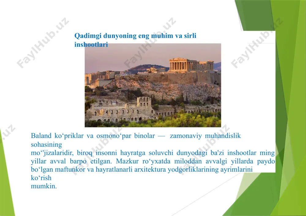 ej miloddan avvalgi 3000 yilda bunyod etilgan. yodgorlik turli toshlardan yaratilgan bo‘lib, ularni 300 kilometrli masofadan bu yergacha qanday qilib olib kelingani noma'lumligicha qolmoqda. bundan tashqari, olimlar stounxejning aslida nima maqsad uchun qurilgani yuzasidan bahs olib borishda davom etishmoqda. munozaralar natijasida eng g‘aroyib nazariyalar kelib chiqqan: qadimiy sinoatga boy sig‘inish manbai yoxud ilg‘or astronomik asbob va h.k. karnak toshlari (fransiya) bu qadimiy yodgorlik insonlar quyosh va yulduzlar harakatini kuzatishi uchun xizmat qilgan.miloddan avvalgi 4500 yilda ajdodlar o‘zlari uchun qiziqarli va original mashinalarni ixtiro qilib, murakkab matematik hisoblashlarni amalga oshirishga qodir bo‘lganliklariga ishonish qiyin.maydonga qat'iy tartibda og‘irligi bir necha tonnadan oshuvchi 3000dan ortiq toshlar o‘rnatilgan. megalitik ibodatxonalari (malta) turli uslubdagi oltita ibodatxona to‘plami-maltadagi eng sevimli sayyohlik maskanlaridan biri sanaladi. megalitik inshootlar nafaqat o‘zining yoshi bilan (ular miloddan avvalgi 3500 yilda qurilgan), balki zamonaviy texnik yechimlar bilan to‘g‘ridan-to‘g‘ri bog‘liqligi uchun ham e'tiborga sazovordir. nep-of-xauar (buyuk britaniya) oddiy toshlardan yasalgan uy? aslo unday …
