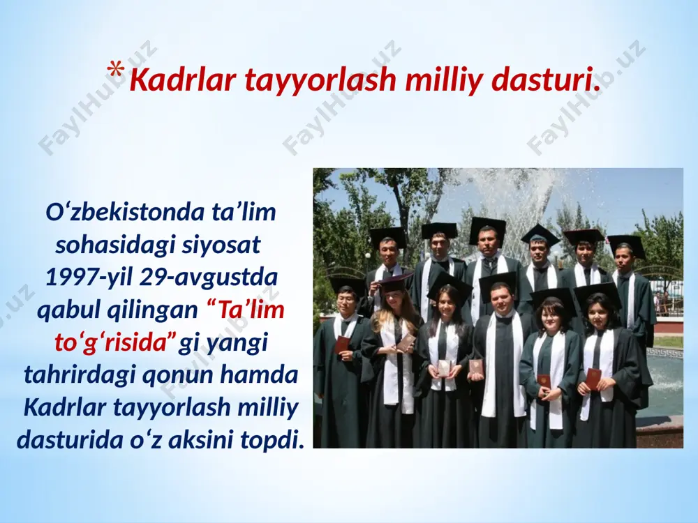 inlash bo‘yicha qo‘shimcha chora-tadbirlar to‘g‘risida” prezident qarori (pq-3775) qabul qilindi. 2019 yil 8 oktabr - o‘zr oliy ta’lim tizimini 2030 yilgacha rivojlantirish konsepsiyasi qabul qilindi (pf-5847). o‘zbekistonda oliy ta’limning rivojlanish ko‘rsatkichlari ko‘rsatkichlar 1990-1991 o‘quv yili 2015-2016 o‘quv yili 2021-2022 o‘quv yili oliy o‘quv yurtlari soni 37 78 152 xorijiy oliy o‘quv yurtlari filiallari – 7 29 toshkent viloyati va shahri — 45ta 1) akfa universiteti 2) raqamli iqtisodiyot va agrotexnologiyalar universiteti 3) alfraganus university 4) pdp university 5) tmc institute 6) university of science and technologies 7) toshkent amaliy fanlar universiteti 8) toshkent menedjment va iqtisodiyot instituti 9) toshkent xalqaro moliyaviy boshqaruv va texnologiyalar universiteti 10) mehnat va ijtimoiy munosabatlar akademiyasi 11) perfect university 12) japan digital university 13) diplomat university 14) toshkent iqtisodiyot va pedagogika instituti 15) singapur menejmentni rivojlantirish instituti 16) adju universiteti 17) xalqaro nordik universiteti 18) team university 19) toshkent international university of education 20) british …