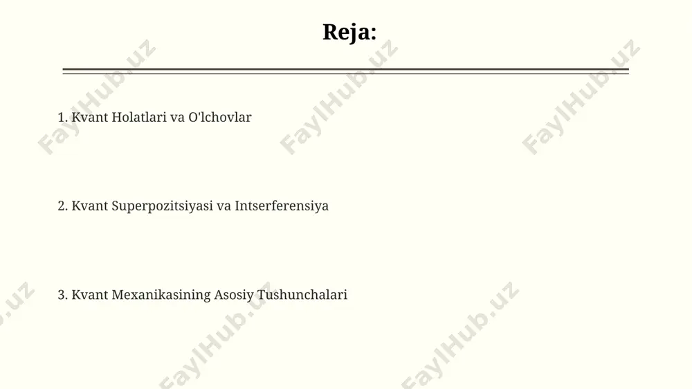 identik fermionlarning bir xil kvant holatida bo'lishiga yo'l qo'ymasligini bayon qiladi, bu spin 1/2 ga ega bo'lgan elektronlar uchun muhim ahamiyatga ega. ushbu prinsip atom tuzilishi va kimyoviy bog'lanishlarni tushunishda muhim rol o'ynaydi, chunki u elektronlarning atomlar va molekulalardagi taqsimlanishini cheklaydi, masalan, 2 elektron maksimal 1 orbitalda bo'lishi mumkin. pauli printsipi, kvant sonlari to'plami bilan tavsiflangan har bir kvant holatida faqat bitta fermion bo'lishi mumkinligini bildiradi; bu 4 ta kvant sonining (n, l, ml, s) noyobligiga asoslangan. kvant entanglementi entanlaşgan zarrachalarning oʻzaro bogʻliqligi klassik fizika qonunlari bilan tushuntirib boʻlmaydi va bu kvant mexanikasi asoslarini tushunish uchun muhim ahamiyatga ega boʻlgan gʻayrioddiy hodisa hisoblanadi, chunki bu tezlik cheklovlarini buzmaydi. kvantli oʻzaro bogʻliqlik ikki yoki undan ortiq zarrachalar orasidagi oʻzaro bogʻliqlikni ifodalaydi, bu yerda ularning holatlari, masalan, spin yoki polyarizatsiya, bir-biriga bogʻliq boʻlib, hatto ular bir-biridan juda uzoq masofalarda boʻlganda ham 100% korrelyatsiyaga ega boʻladi. bell teoremasi kvantli oʻzaro bogʻliqlikning klassik fizika …