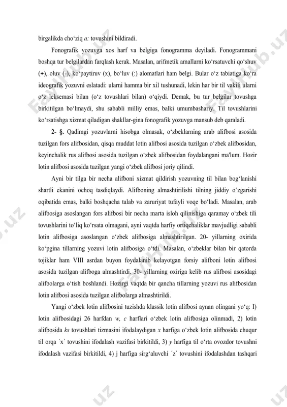 an forsiy alifboni lotin alifbosi asosida tuzilgan alifboga almashtirdi. 30- yillarning oxiriga kelib rus alifbosi asosidagi alifbolarga o‘tish boshlandi. hozirgi vaqtda bir qancha tillarning yozuvi rus alifbosidan lotin alifbosi asosida tuzilgan alifbolarga almashtirildi. yangi o‘zbek lotin alifbosini tuzishda klassik lotin alifbosi aynan olingani yo‘q: i) lotin alifbosidagi 26 harfdan w, c harflari o‘zbek lotin alifbosiga olinmadi, 2) lotin alifbosida ks tovushlari tizmasini ifodalaydigan x harfiga o‘zbek lotin alifbosida chuqur til orqa (x( tovushini ifodalash vazifasi birkitildi, 3) y harfiga til o‘rta ovozdor tovushni ifodalash vazifasi birkitildi, 4) j harfiga sirg‘aluvchi (z( tovushini ifodalashdan tashqari portlovchi 'ç' tovushini ham ifodalash vazifasi yuklandi, 5) o harfiga o‘rtadan tor (o( tovushini ifodalashdan tashqari o‘zbekcha kengdan torroq 'â' tovushini ifodalash vazifasi yuklandi (bir harf bilan ikki boshqa-boshqa tovushni ifodalashdek salbiy hodisa hozirgi alifboga rus alifbosi asosidagi o‘zbek alifbosidan ko‘chib o‘tdi), 6) yangi o‘zbek lotin alifbosiga arabcha leksemalarda ishlatish uchun tutuq belgisi (() kiritildi, 7) …