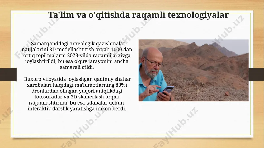 tirish va vizualizatsiya yuqori aniqlikdagi raqamli balandlik modellaridan (dabm) foydalanib, angkor vat (kambodja)dagi murakkab gidrotexnika inshootlarining 2000 yildan ortiq davom etgan evolyutsiyasini 3d vizualizatsiya orqali tahlil qilish mumkin. 3d modellashtirish yordamida o‘zbekistonning samarqand shahridagi registon maydonining 16-asrga oid tarixiy ko‘rinishini 100 000 dan ortiq poligonlardan foydalanib aniq va batafsil rekonstruksiya qilish mumkin. geografik axborot tizimlari (gax) geografik axborot tizimlari (gax) yordamida 1000 dan ortiq arxeologik joylarning koordinatalarini aniqlash va ularni xaritaga tushirish orqali, masalan, samarqand viloyatida joylashgan madaniy meros obyektlarini tahlil qilish mumkin. gax platformalari, masalan, qashqadaryo viloyatidagi qadimiy aholi punktlari bo'yicha olingan 500 dan ortiq sun'iy yo'ldosh suratlarini qayta ishlash orqali, er osti inshootlarining joylashuvini aniqlash va keyingi qazish ishlarini rejalashtirishda yordam beradi. raqamli balandlik modellari (rbm) 2010 yildan beri, peru and tog'larida joylashgan machu picchu'da rbm texnologiyalaridan foydalanib, 1500 dan ortiq inshootlar aniqlangan va ularning o'zaro bog'liqligi taxmin qilingan, bu arxeologik tadqiqotlarni ancha tezlashtirdi. raqamli balandlik modellari (rbm) …