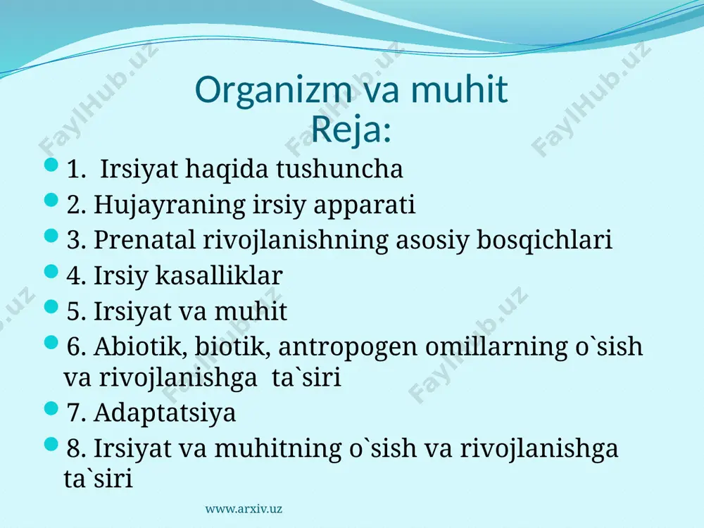 omosomalar urg`ochi hujayralarda xx, erakaklarda esa xy deb belgilanadi. www.arxiv.uz hujayraning irsiy apparati irsiyat nasldan-naslga qay atrzda o`tishini bilish uchun hujayra haqida ma`lumotga ega bo`lish kerak. barcha tirik organizmlar hujayralardan tashkil topgan. organizm struktura va funksional birligi hujayradir. tirik organizmlar evolutsiyasi organizm hujayralarining strukturasi hamda fuksiyasiga qarab turli shakl-shamoyilga kirib, har xil toifalarga bo`linib harakterlanadi. hujayraning tarkibiy qismini anorganik, organik moddalar va 70% suv tashkil qiladi. www.arxiv.uz hujayralar duksimon, sharsimon, prizmasimon, kubsimon shaklda bo`ladi. ular 3 qismdan iborat. hujayra membranasi tashqi va ichki muhit orasidagi moddalar almashinuvini boshqaradi, turli ionlarni tanlab o`tkazadi. hujayra sitoplazmasi membrananing ichida joylashgan, tarkibi anorganik va organik moddalardan iborat. sitoplazma organoidlariga: mitoxondriya, ichki membrana, lizosoma, golji apparati, ribosoma, sentrasomalar kiradi. golji apparati hujayra bo`linishida, ribosoma oqsillar sintezida, lizosoma hujayradagi oziq moddalarni mayda zarrachaga parchalashda, mitoxondriya energiya bilan ta`minlashda, sentrasoma esa hujayra bo`linishida ishtirok etadi. www.arxiv.uz hujayra yadrosi sitoplazma mazrkazida joylashadi. hujayra yadrosi hujayraning barcha hayotiy jarayonlarini …