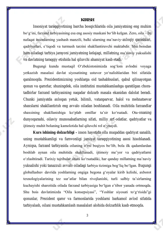 ng o‘rni va ahamiyatini pedagogik hamda psixologik nuqtayi nazardan o‘rganish, shuningdek, oilaning tarbiyaviy imkoniyatlarini tahlil qilishdir. kurs ishining vazifalari:  oila va tarbiya tushunchalarining ilmiy-pedagogik asoslarini o‘rganish;  farzand tarbiyasida milliy va umuminsoniy qadriyatlarning ahamiyatini tahlil qilish;  oila muhitining bolaning shaxsiyati shakllanishiga ko‘rsatadigan ta’sirini yoritish;  ota-onaning mas’uliyati va vazifalarini pedagogik nuqtayi nazardan asoslab berish;  oilaviy munosabatlarning farzandning axloqiy-ma’naviy rivojiga ta’sirini tadqiq etish;  oila va ta’lim muassasalari o‘rtasidagi hamkorlikning samaradorligini ko‘rsatish. kurs ishining tuzilishi - kurs ishi kirish, ikki bob, xulosa va foydalanilgan adabiyotlardan iborat. kirish qismida mavzuning dolzarbligi, maqsad va vazifalari asoslab beriladi. birinchi bobda oilada farzand tarbiyasining nazariy asoslari, oila va tarbiya tushunchasi, milliy qadriyatlarning o‘rni hamda oilaviy muhitning ta’siri ilmiy tahlil qilinadi. ikkinchi bobda esa oilada farzand tarbiyasining amaliy jihatlari, ota-onaning mas’uliyati, oilaviy munosabatlar va ta’lim muassasalari bilan hamkorlik masalalari yoritiladi. ish yakunida xulosa va takliflar keltirilib, foydalanilgan adabiyotlar ro‘yxati beriladi. 5 i bob. …