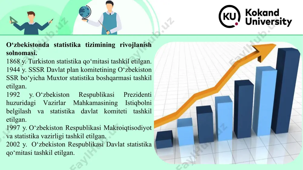 tegishli axborotlarga bo`lgan talablarni faollashtirish va kengaytirish; mamlakat milliy iqtisodiy tarmoqlari va sohalari uchun yagona axborot makonini shakllantirish; yangi texnika, texnologiyalari va elektron hujjat aylanishi tizimidan foydalanish orqali statistika organlariga taqdim etiladigan statistik ma’lumotlarni tayyorlash va qayta ishlash xarajatlarini minimallashtirish; zamonaviy texnologiyalarni qo`llash yo`li orqali axborotni qidirish va qayta ishlash xarajatlarini qisqartirish, takroriylikni va mexnatga qodir operatsiyalarni rad etish, maxsus va tarmoqlararo ma’lumotlaridan foydalanish kabilar shular jumlasidandir. statistikada aktni joriy etish bo`yicha ko`rilgan chora-tadbirlar quyidagilar: this presentation uses a free template provided by fppt.com www.free-power-point-templates.com regressiya — (matematikada) biror (u) tasodifiy miqdor oʻrta qiymatining boshqa bir tasodifiy miqdoriga bogʻliqligi. funksional bogʻlanishda miqdorning har bir qiymatiga u miqdorning bitta qiymati mos kelsa, regressiv bogʻlanishda y ning x qiymatiga turli hollarda turli qiymatlar mos keladi. regressiya tushunchasi faqat tasodifiy miqdorlar uchun emas, tasodifiy vektorlarga nisbatan ham kiritiladi. regressiya terminini ingliz olimi f. galton kiritgan (1886). regressiya tabiat va jamiyat hodisalarini oʻrganishda muhim …