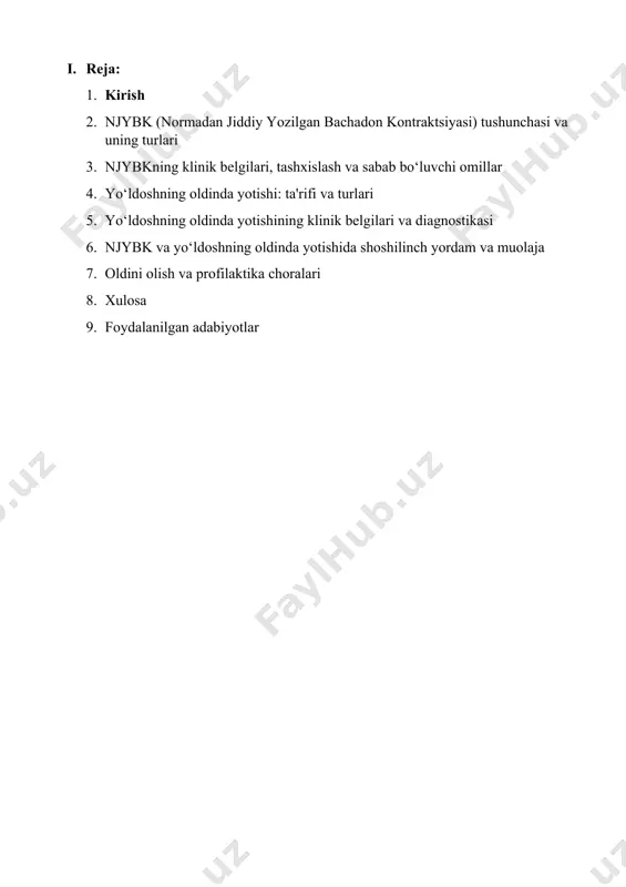 harchoqning kuchayishi · tashxislash: · tug‘ruq jarayonida bachadon faoliyatining monitoringi · ultrasonografiya (usg) orqali bachadon holatini baholash · kardiotokografiya yordamida homila yurak urishini kuzatish · sabab bo‘luvchi omillar: · ko‘p homilalik · bachadon devorining elastiklikni yo‘qotishi · haddan tashqari suyuqlik (polihidramnion) · oldingi tug‘ruqlar yoki bachadon operatsiyalari · 3. yo‘ldoshning oldinda yotishi: ta'rifi va turlari yo‘ldoshning oldinda yotishi – yo‘ldoshning bachadon ichki og‘zi ustida joylashib, tug‘ruq yo‘llarini to‘sib qo‘yishi bilan tavsiflanadigan patologik holatdir. · turlari: · to‘liq platsenta previa – yo‘ldosh butun bachadon og‘zini to‘sib qo‘yadi. · qisman platsenta previa – yo‘ldosh bachadon og‘zining bir qismini qoplaydi. · chekka platsenta previa – yo‘ldosh bachadon og‘zi bilan qisman tutashgan. · 4. yo‘ldoshning oldinda yotishining klinik belgilari va diagnostikasi · klinik belgilari: · tug‘ruqdan oldin qindan qon kelishi · qorin pastida bosim hissi va og‘riq · homiladorlikning oxirgi bosqichida ultratovushda noxush belgilar · diagnostika: · ultrasonografiya orqali yo‘ldosh joylashuvini aniqlash · qon …